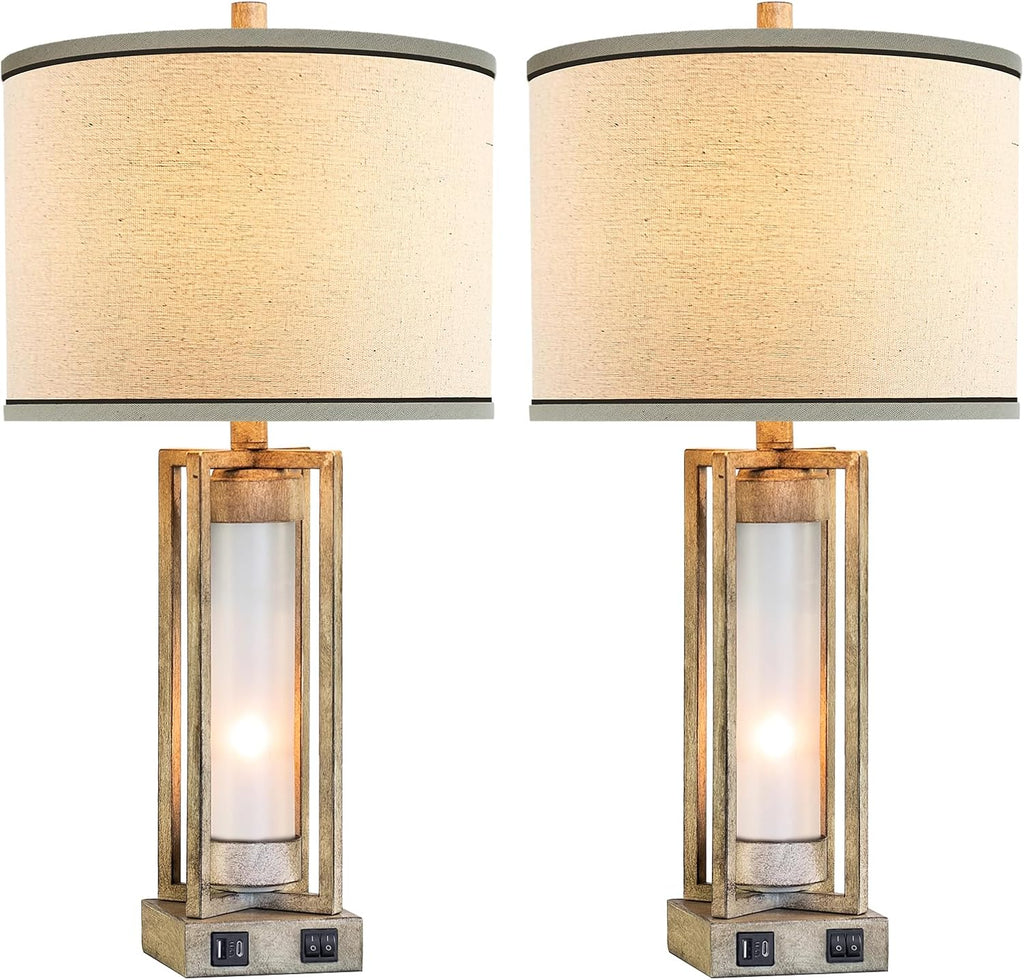 25' Set of 2 Farmhouse Table Lamps for Living Room with USB A+C Ports, Rustic Nightstand Lamp with White Night Light, Vintage Desk Lamp for Entryway Bedroom End Table, 4 Bulbs Included