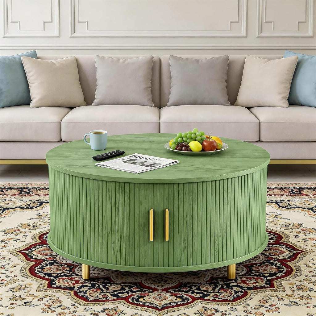 DHH Round Coffee Table, 31.5' Mid Century Modern Coffee Table with 360° Sliding Tambour Door, Fluted Accent Table with Storage Adjustable Footpads for Living Room (Green)