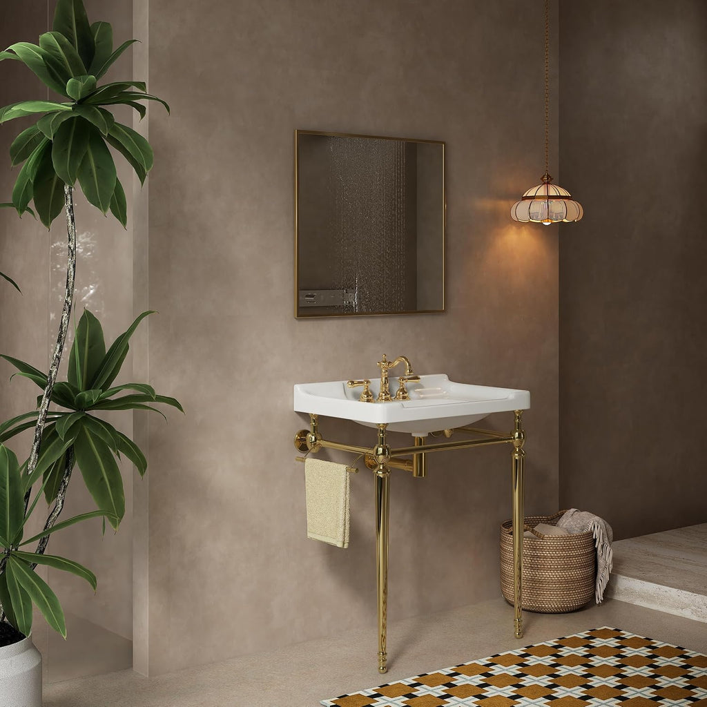 28' Bathroom Console Sink, Wall-Mounted White Ceramic Vanity Basin with 3 Pre-drilled Faucet Holes, Freestanding Gold Stainless Steel Support Legs with Towel Bar, No Faucet - Rome, White