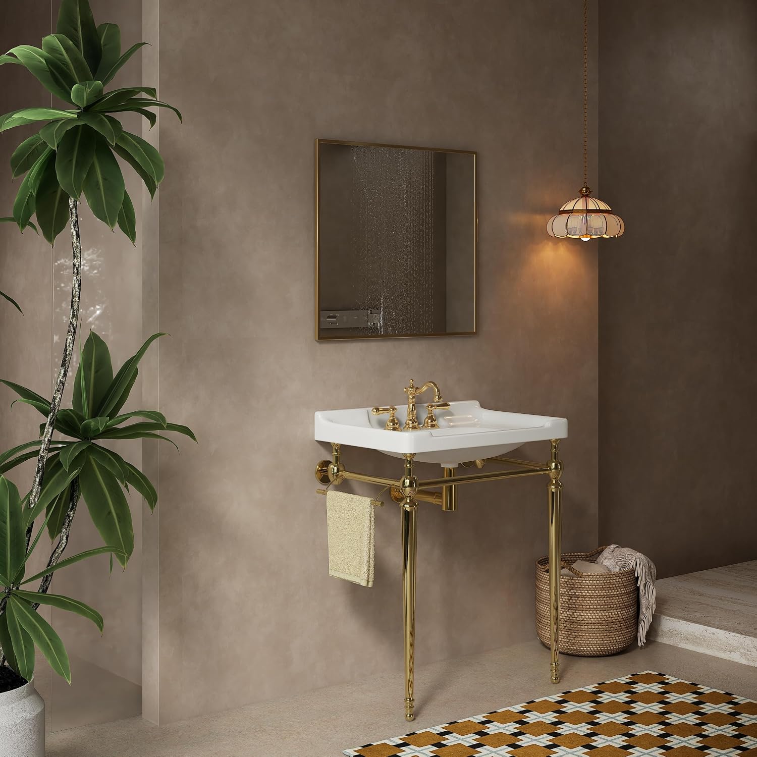 28' Bathroom Console Sink, Wall-Mounted White Ceramic Vanity Basin with 3 Pre-drilled Faucet Holes, Freestanding Gold Stainless Steel Support Legs with Towel Bar, No Faucet - Rome, White