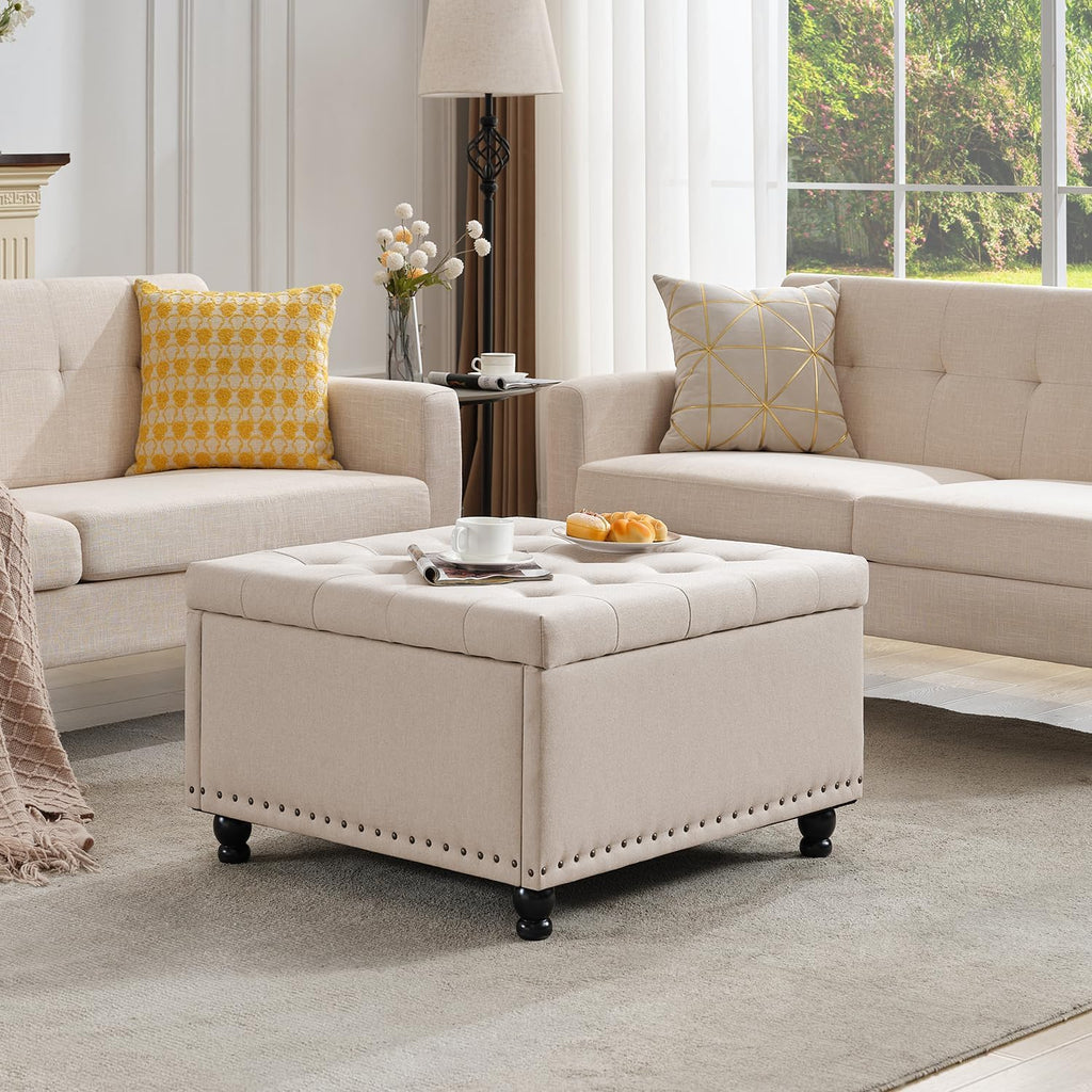 Tbfit 30' Large Square Ottoman Coffee Table with Storage, Oversized Tufted Upholstered Ottomans Bench with Solid Wood Legs for Living Room, Dorm, Linen Foot Stool for Couch Sofa Toy Box, Beige