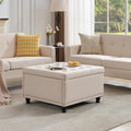 Tbfit 30' Large Square Ottoman Coffee Table with Storage, Oversized Tufted Upholstered Ottomans Bench with Solid Wood Legs for Living Room, Dorm, Linen Foot Stool for Couch Sofa Toy Box, Beige