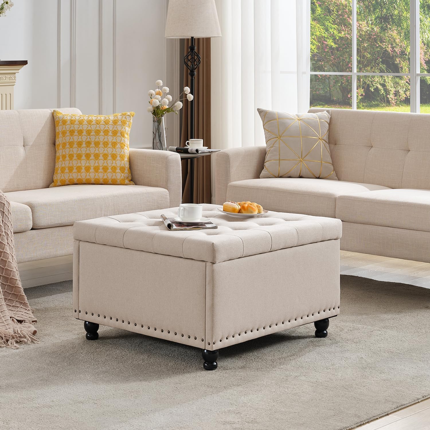 Tbfit 30' Large Square Ottoman Coffee Table with Storage, Oversized Tufted Upholstered Ottomans Bench with Solid Wood Legs for Living Room, Dorm, Linen Foot Stool for Couch Sofa Toy Box, Beige