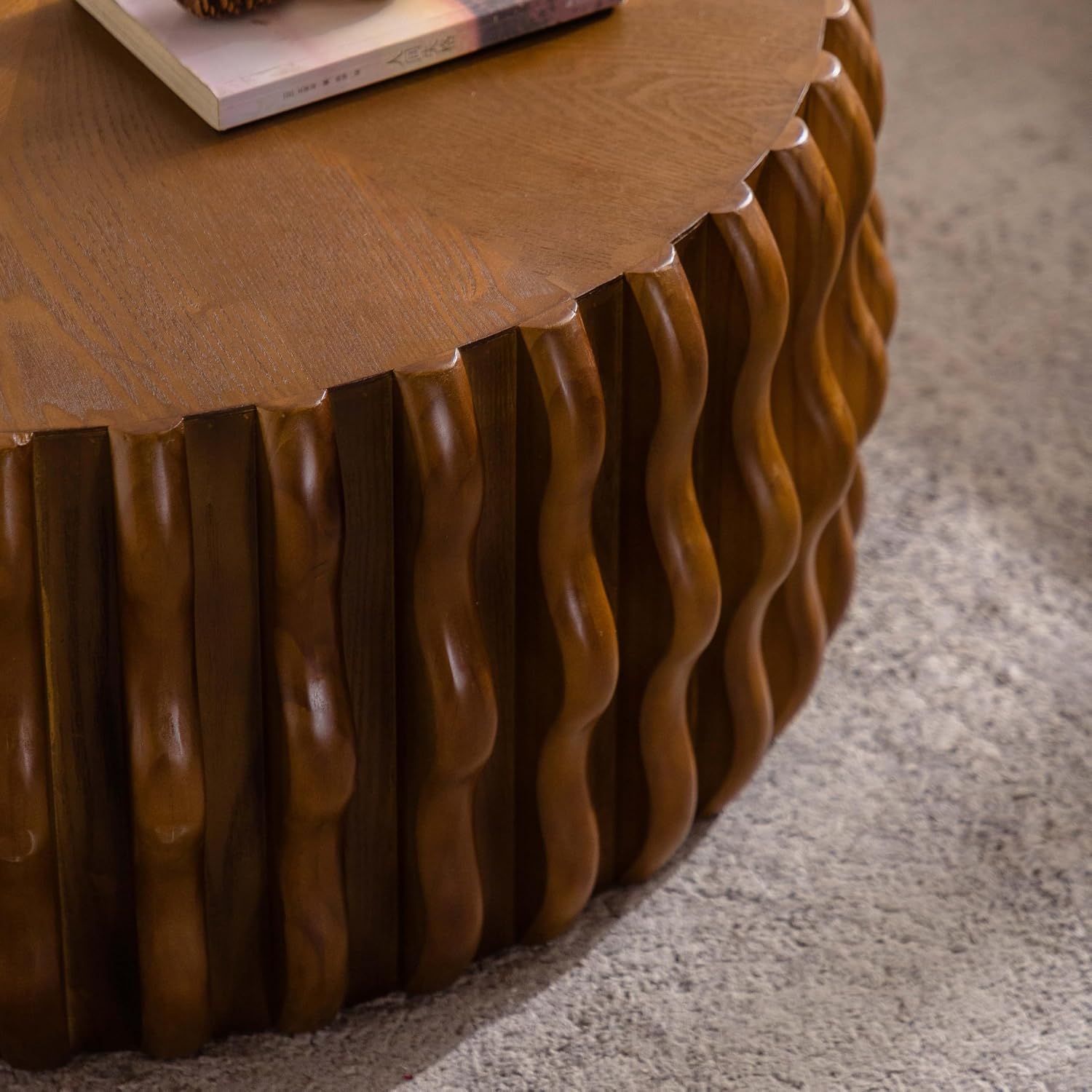 WILLIAMSPACE 38.58' Round Coffee Table for Living Room, Modern Circle Solid Wood Drum Fluted Center Table, Farmhouse Accent End Tea Table for Apartment, No Need Assembly, 12.99' H, Natural