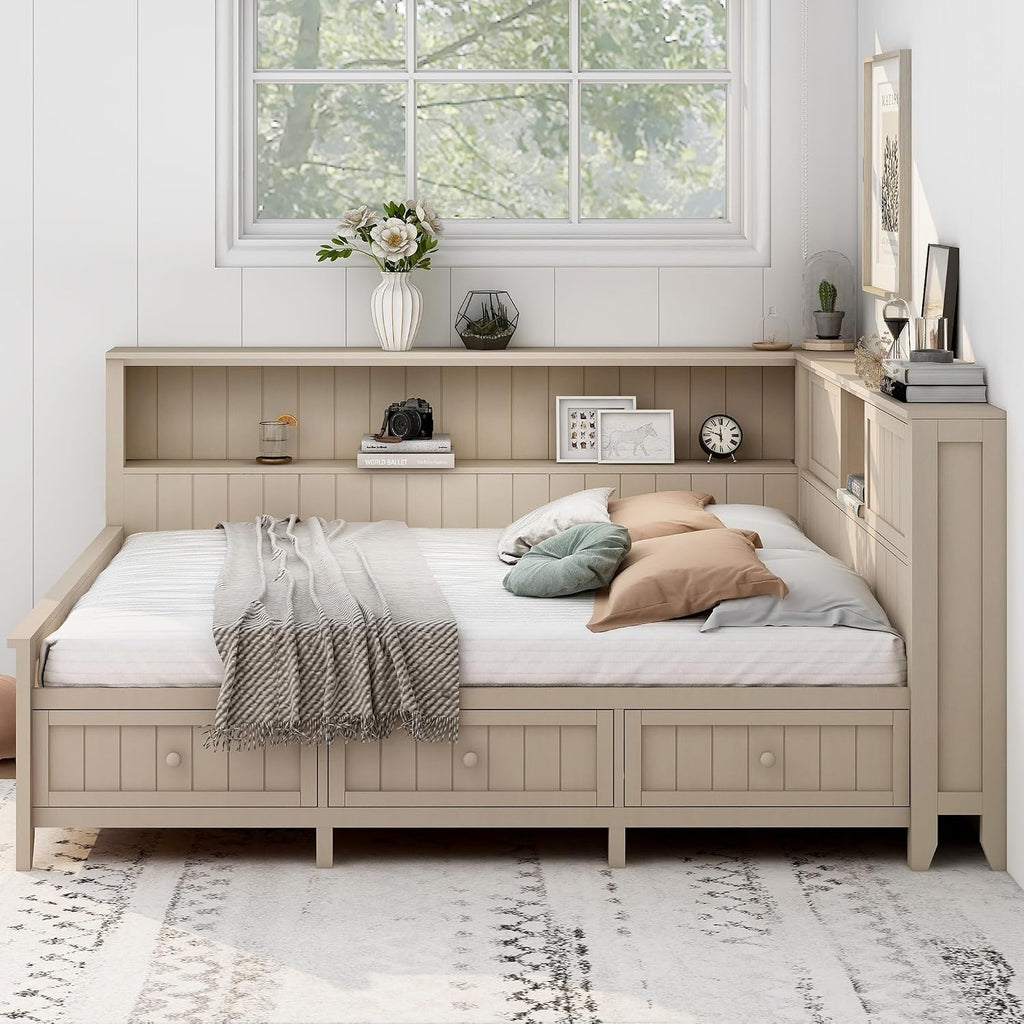 Full Size Daybed with Storage Shelves and 3 Drawers, Antique White Milk, Solid Wood + MDF, Farmhouse Corner Daybed Frame with Storage for Living Room, Bedroom, Guest Room