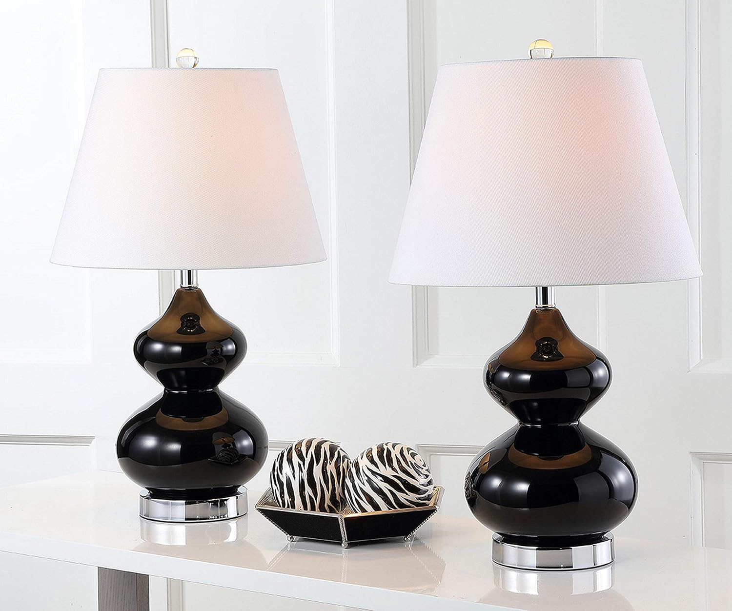 SAFAVIEH Lighting Collection Eva Modern Contemporary Black Double Gourd Glass 24-inch Bedroom Living Room Home Office Desk Nightstand Table Lamp Set of 2 (LED Bulbs Included)