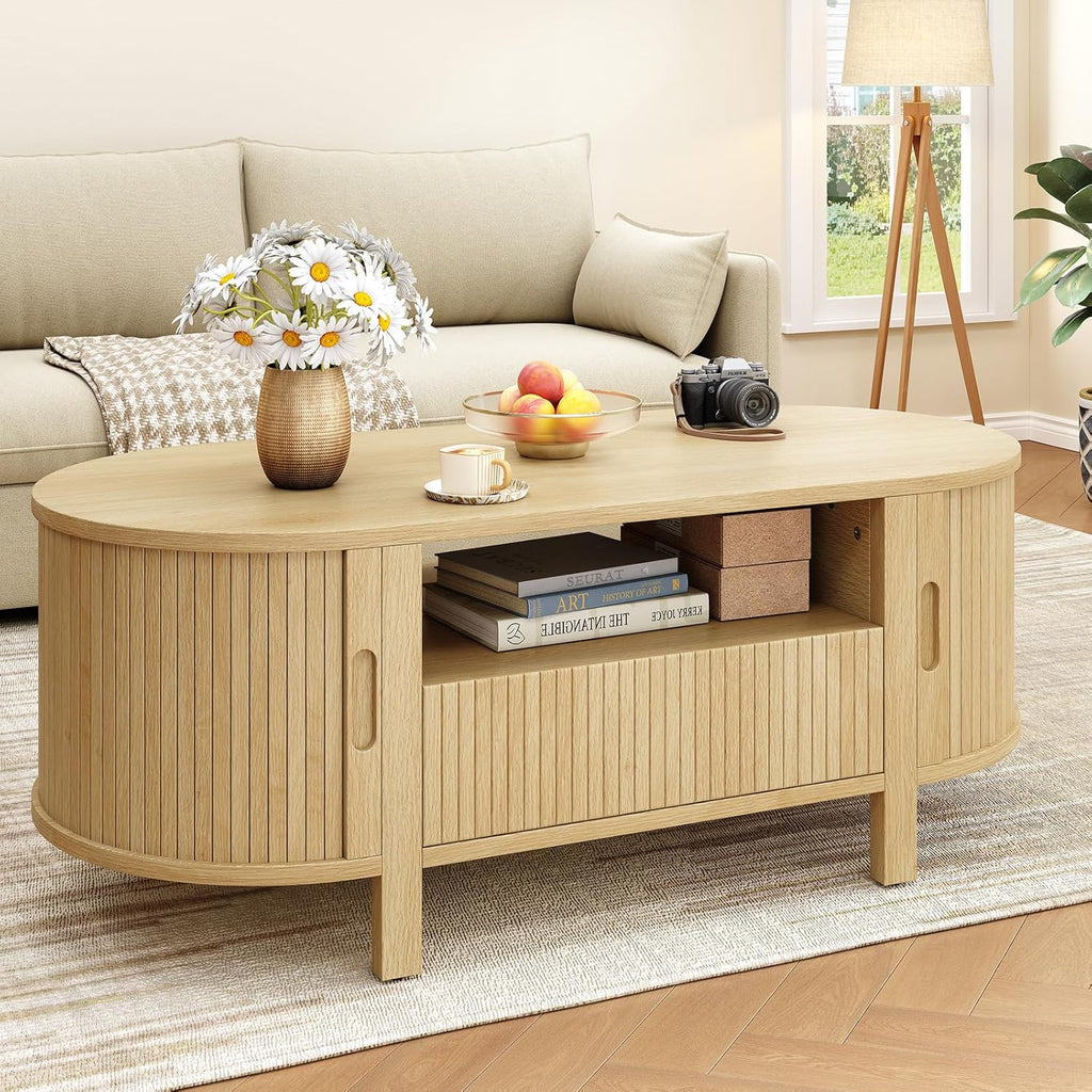 ONBRILL 47.2 Inch Oval Coffee Table with Storage, Mid Century Modern Coffee Table with Drawer, Center Table with Sliding Door and Wood Fluted Handle for Living Room, Oak