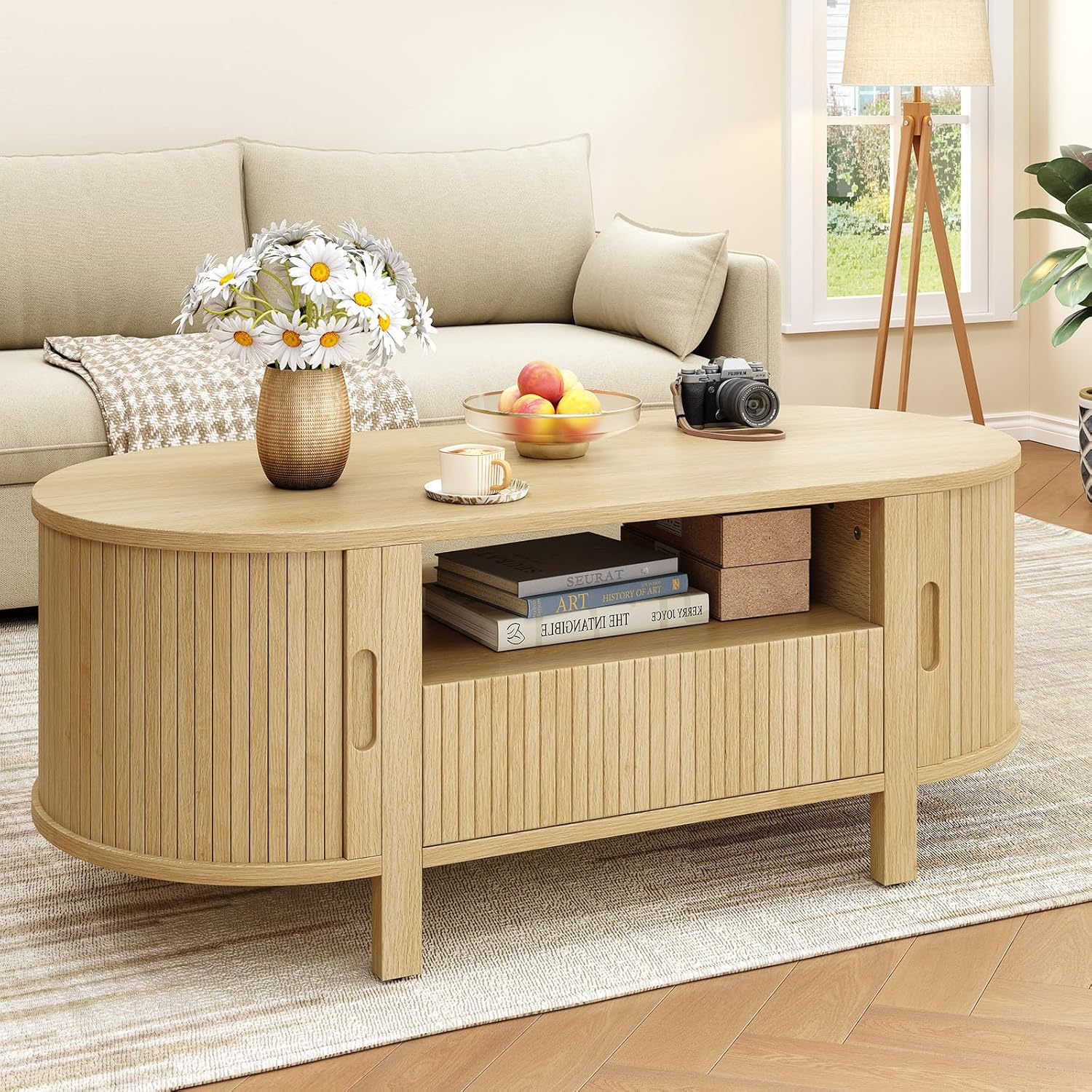 ONBRILL 47.2 Inch Oval Coffee Table with Storage, Mid Century Modern Coffee Table with Drawer, Center Table with Sliding Door and Wood Fluted Handle for Living Room, Oak