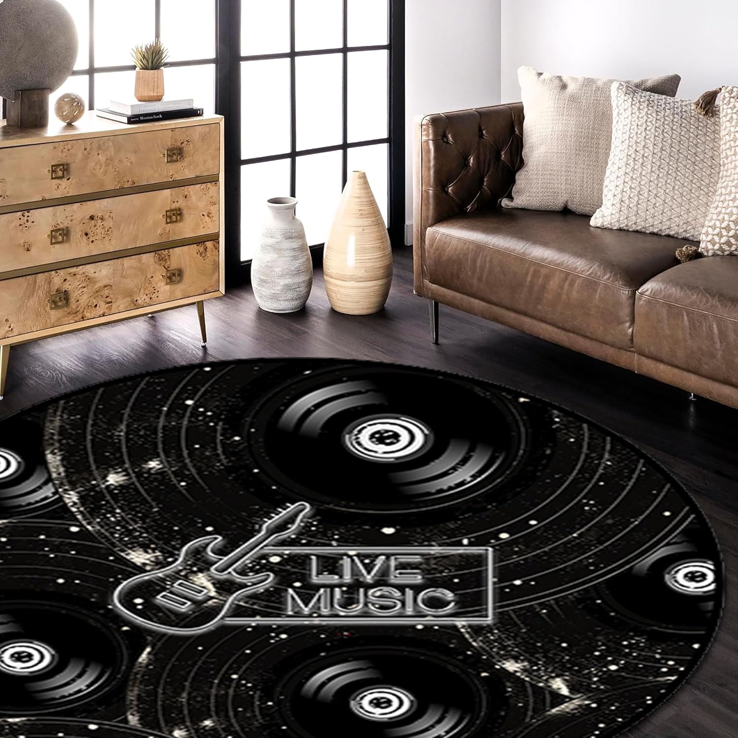 Vintage Music Vinyl Records Rug, 7ft, Non-Slip, Black and White, for Musical and Living Room