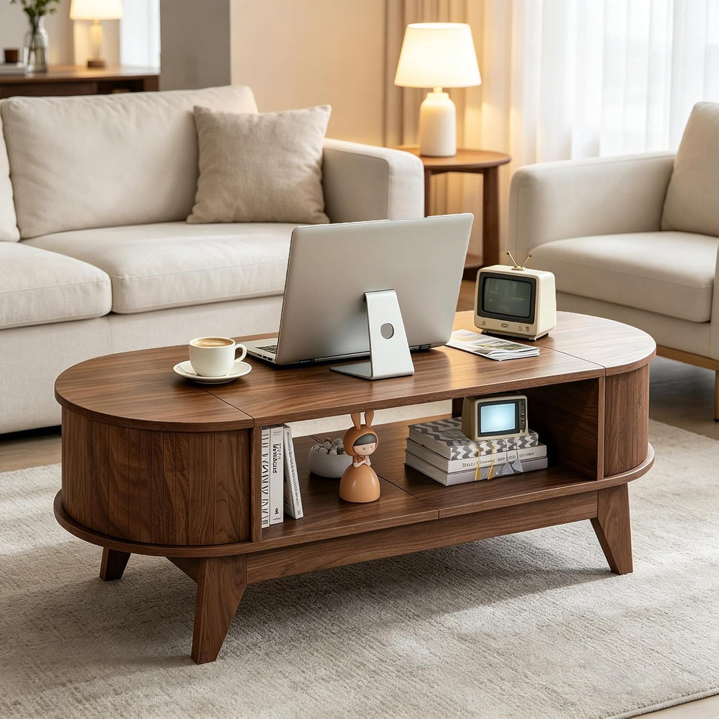 Coffee Table with Storage,Mid Century Modern Coffee Tables with 2 Flip-Top Hidden Lids,Fluted Coffee Table,Wood Center Tables for Living Room Home Office (Walnut Color)