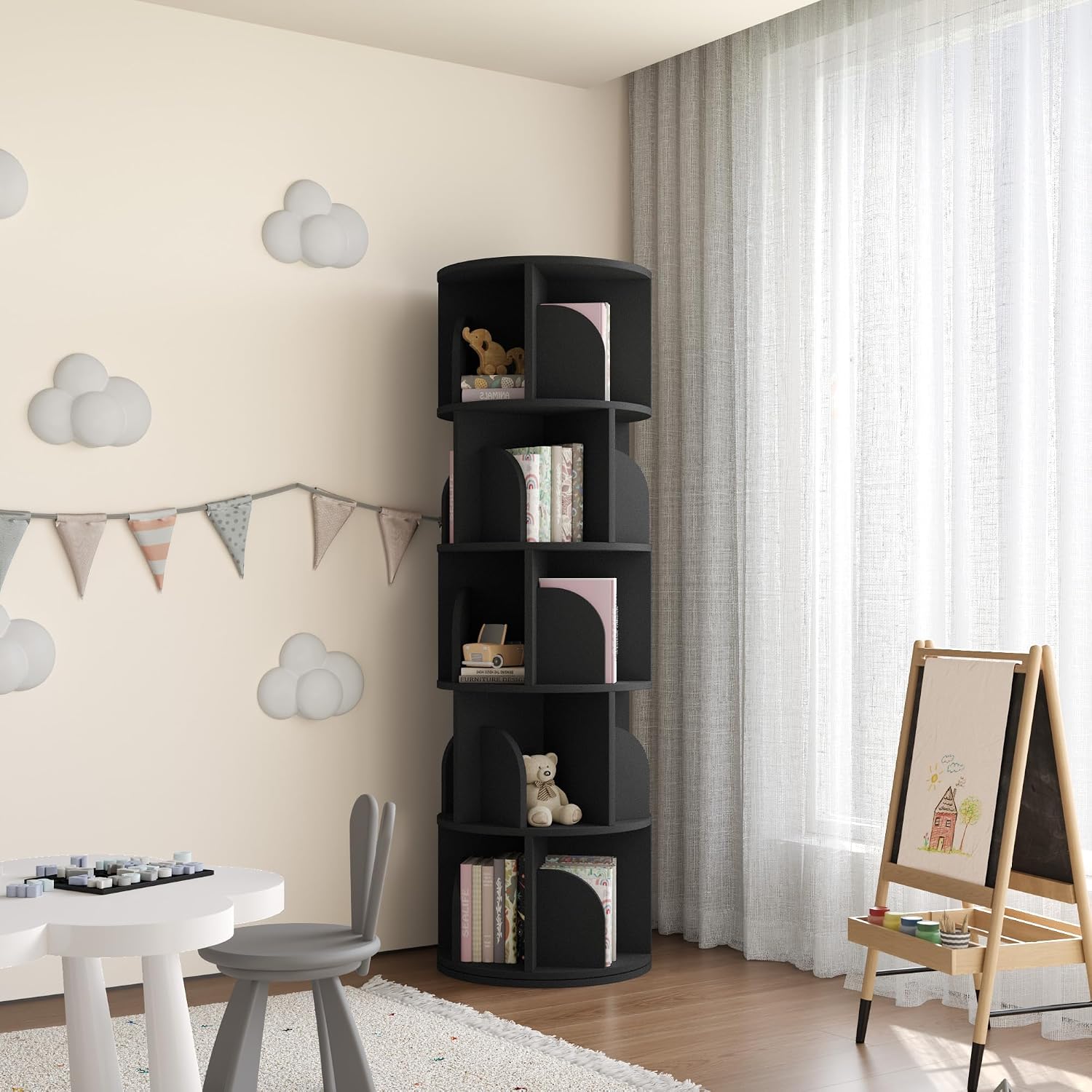 YOWOS Rotating Bookshelf, Small Corner Bookshelf for Small Space, 360 Display Floor Standing Bookcase Storage Rack, Wood Narrow Book Shelf Organizer for Bedroom, Living Room (Black, 5 Tiers)