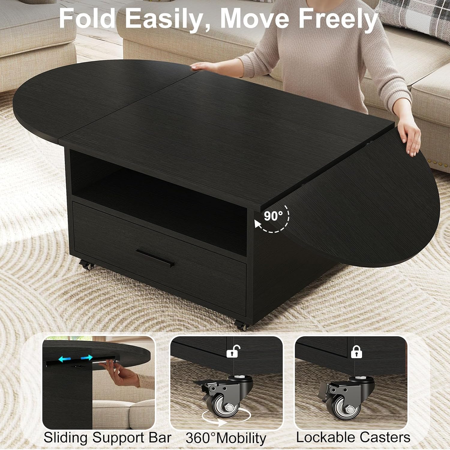 IBF Black Coffee Table with Drawer, Oval Foldable Center Table with Storage, Modern Wood Living Room Table with Wheels, Multifunctional Extendable Tea Table for Home Bedroom Office, Black Oak, 47 Inch