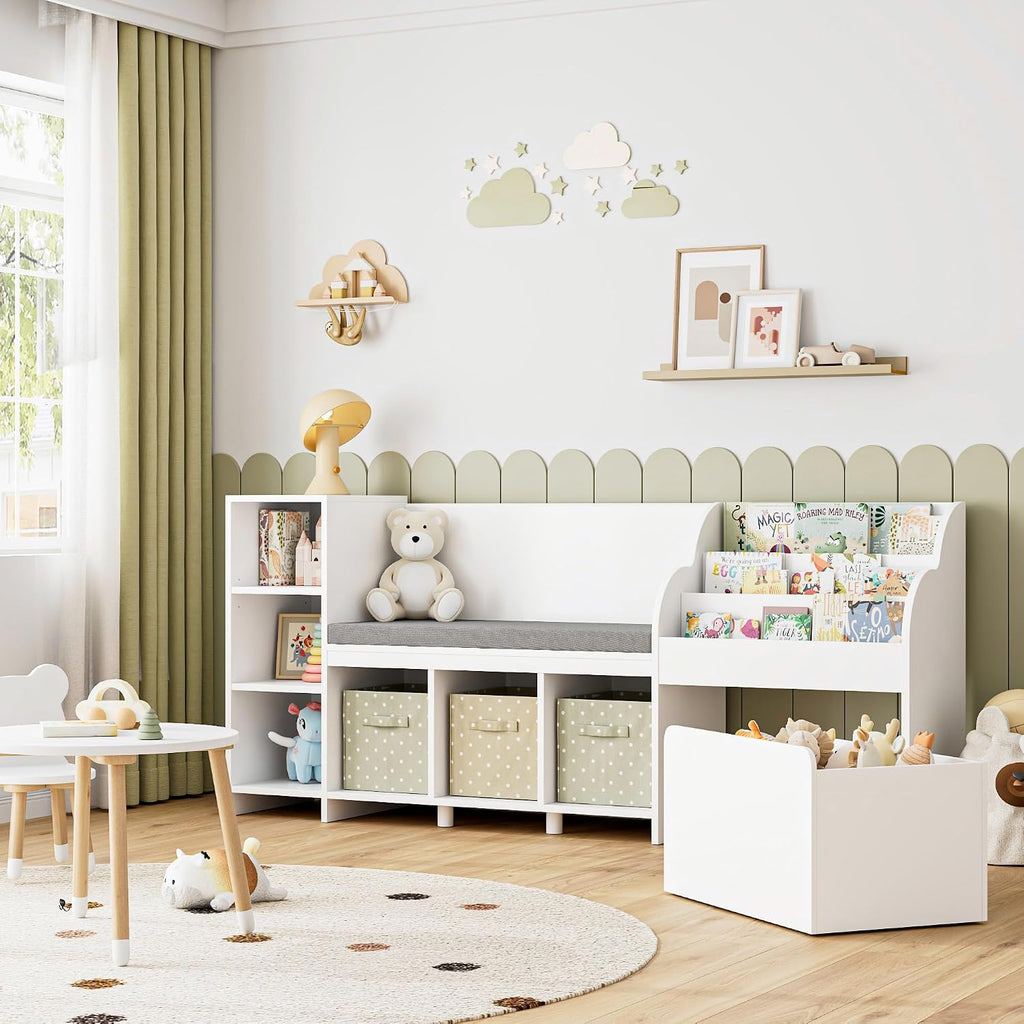 HOSTACK 67' W Kids Reading Nook with Toy Storage Organizer, Large Kids Bookshelf with Toy Storage Box on Wheels, Big Kid Bookcase with Bench and 6 Open Cubbies for Playroom, Kid Room, White