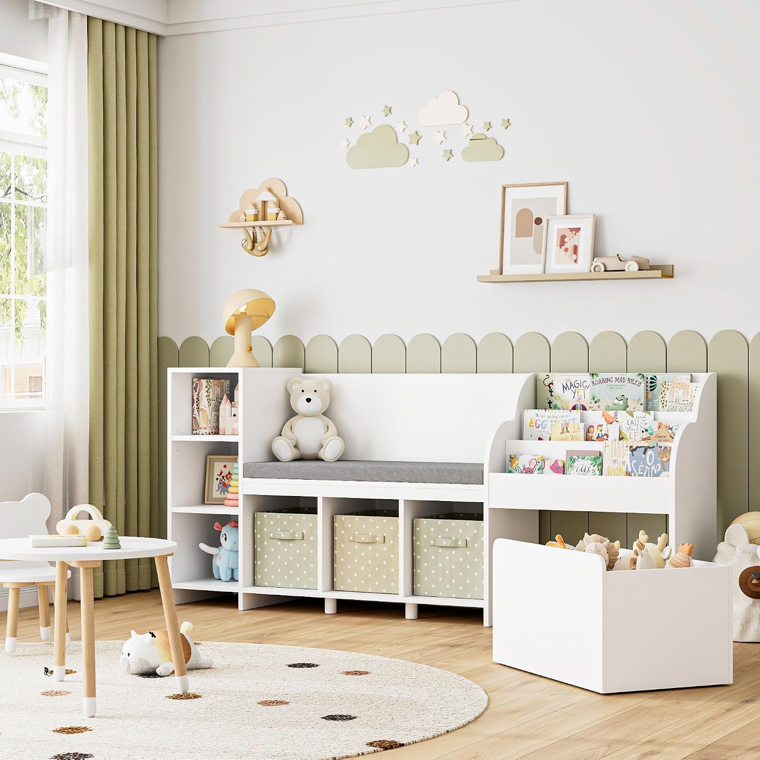 HOSTACK 67' W Kids Reading Nook with Toy Storage Organizer, Large Kids Bookshelf with Toy Storage Box on Wheels, Big Kid Bookcase with Bench and 6 Open Cubbies for Playroom, Kid Room, White