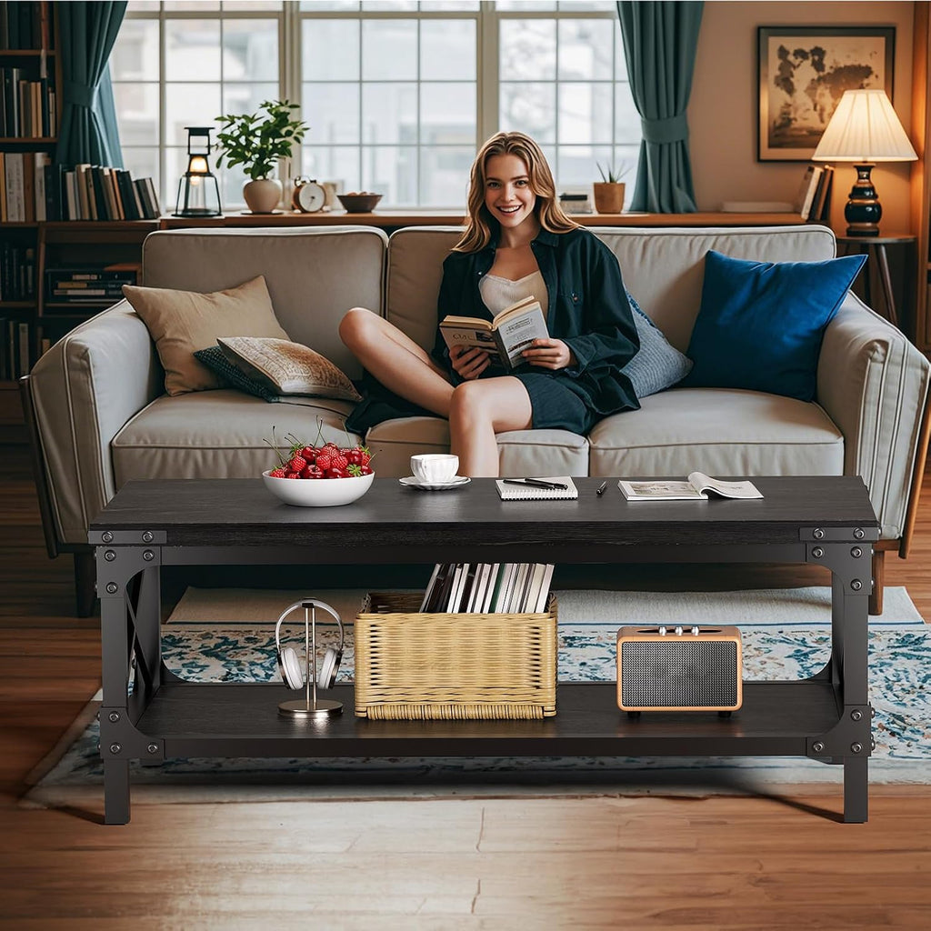 Rectangle Coffee Tables for Living Room, Wood Rectangular Coffee Table, 2 Tier Industrial Modern Center Table with Thickened Tabletop and Metal Frame, 47 inch Long (Black)