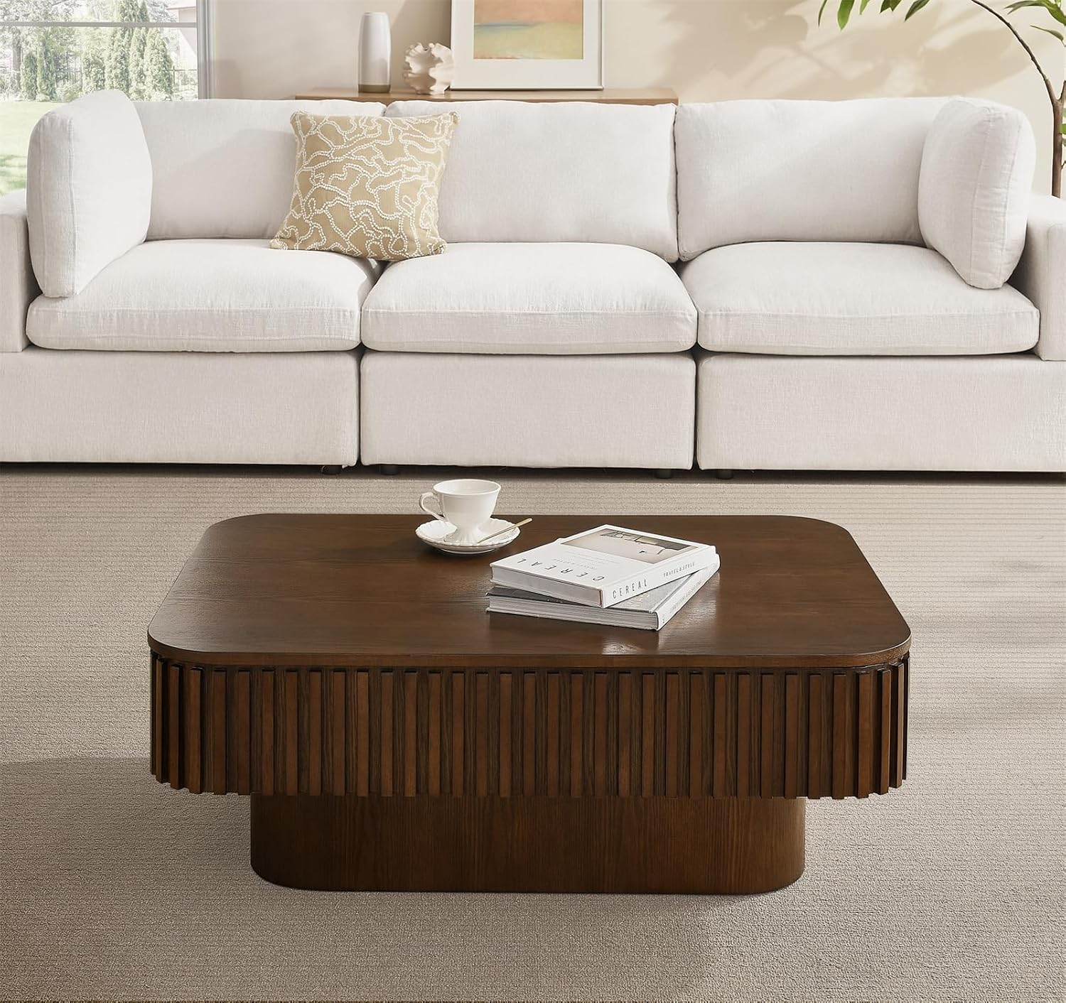Lift Top Coffee Table for Living Room,Rectangle Handmade Solid Wood Strips, Fluted Coffee Table with Hidden Storage Compartment Small Space Office Apartment (38.6' L×26.8''W×13.8''H-Walnut)