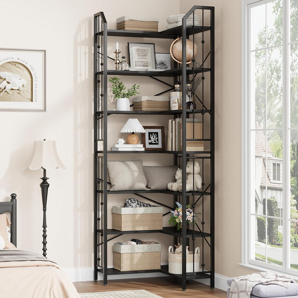 Takywep 86' Corner Bookshelf, l-Shaped 7 Tier Bookcase, Tall Corner Bookcase with Beaded Design, Large Display Shelf for Living Room Bedroom Black
