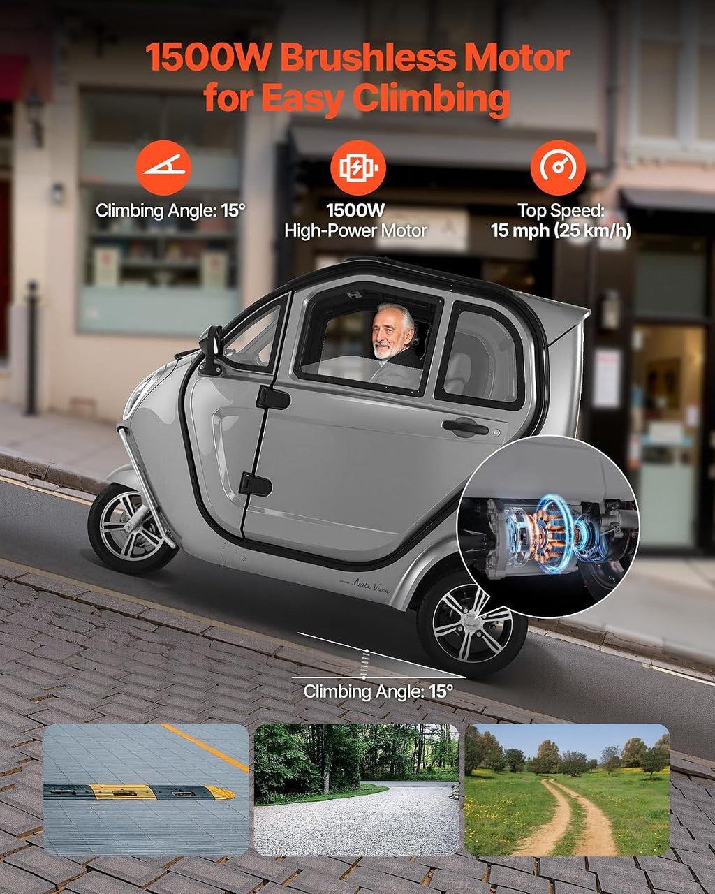 VEVOR 3-Wheel Enclosed Mobility Scooter for Seniors Adults, 650lbs Capacity, 3-Seater 1500W Electric Recreational Mobility Scooter 37 Miles Long Range, Remote Unlock, All-Terrain for Shopping Touring