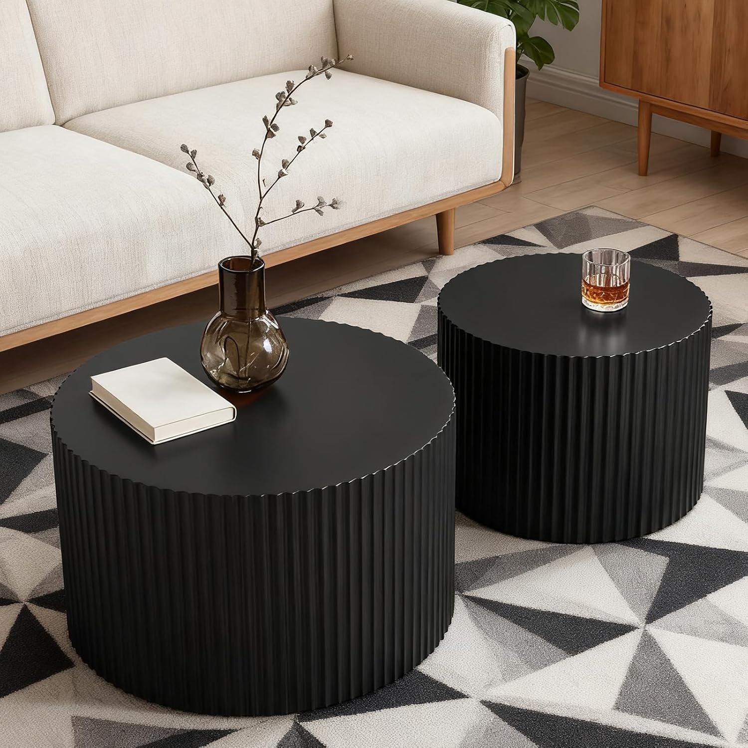 Round Nesting Coffee Table Modern Fluted Coffee Table Set of 2 Stripe Round Coffee Tables Circle Drum Coffee Tables Side Table Accent End Table for Living Room (Black Small)