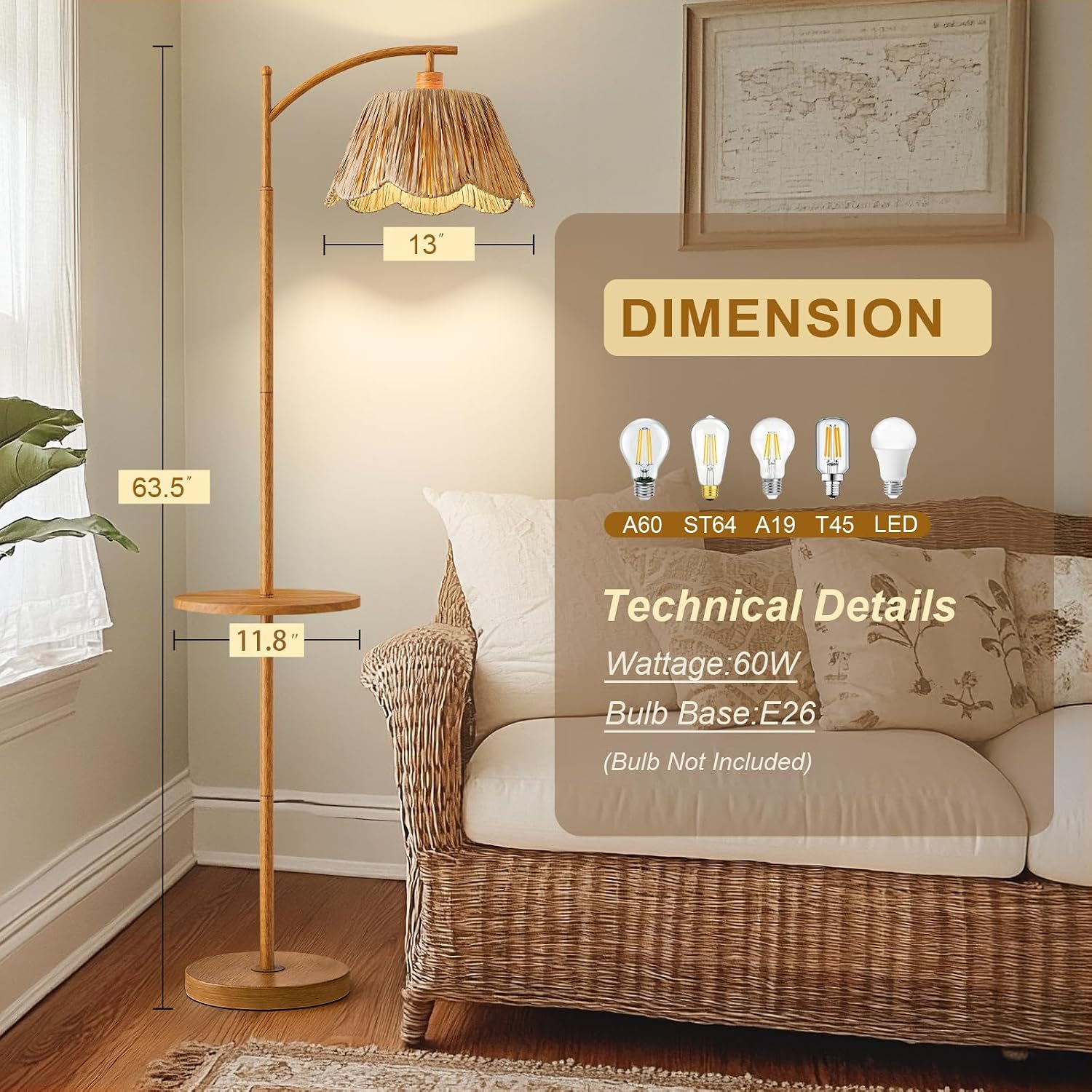 Oneach 63.5' Floor Lamp with Table for Living Room, Boho Rattan Standing Lamps with Foot Switch, Farmhouse Floor Lamp for Bedroom, Arc Tall Lamp with Metal Base&Pole, Bulb not Included, Woodgrain