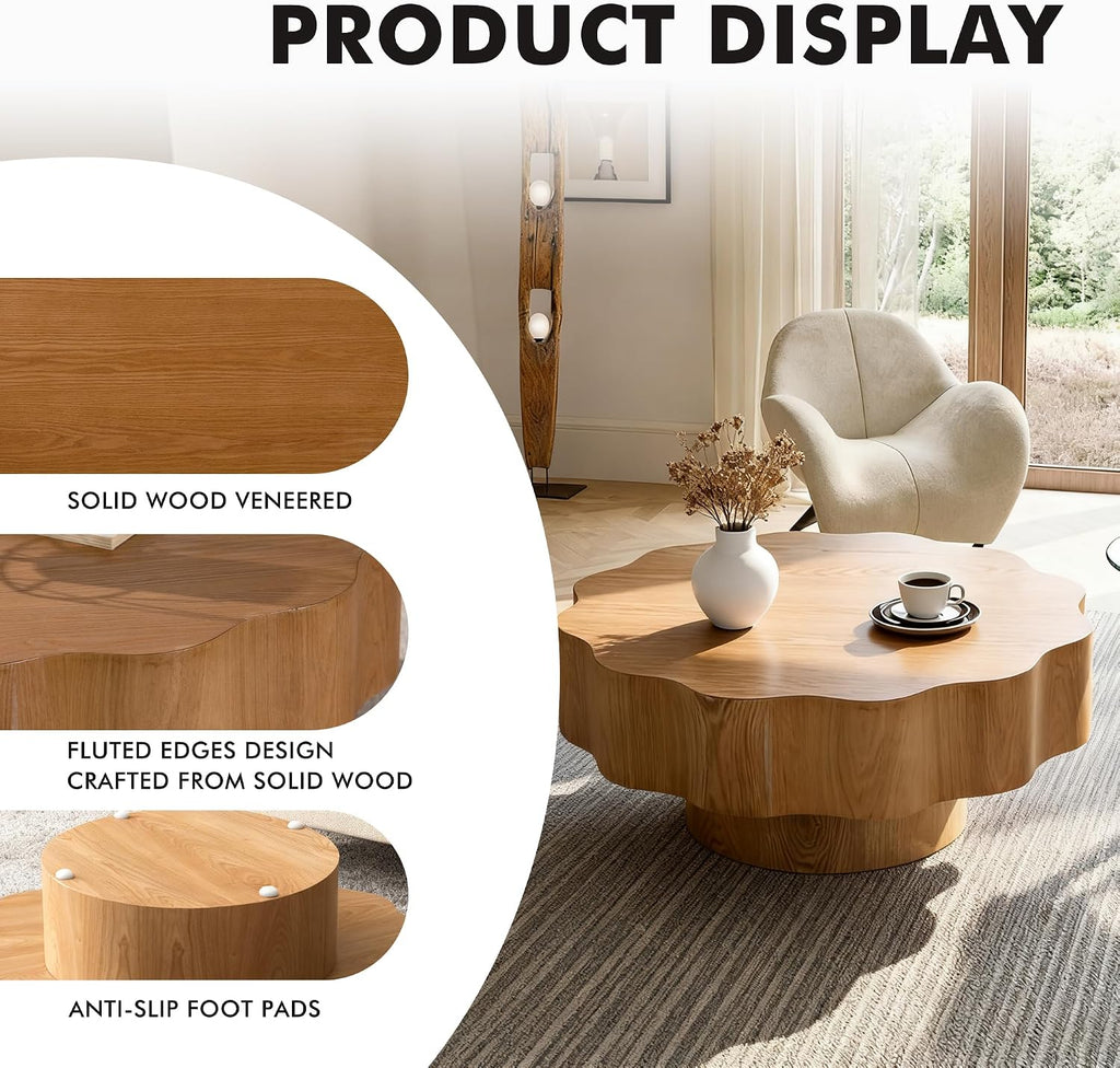 31.5'' Farmhouse Coffee Table Petal-Like, Wood Coffee Center Table Mid Century Modern Coffee Table for Living Room, Small Space End Side Table for Bedroom, Farmhouse, Apartment, Office