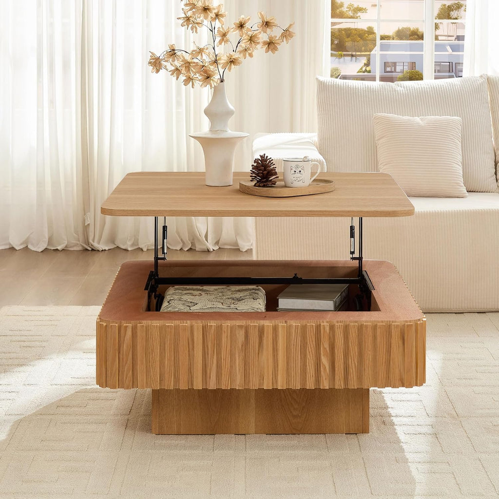 Lift top Coffee Table Square for Living Room Storage Coffee Table with Lifting Top Smart Fluted Coffee Tables Modern Larger Center Tables for Apartment 35.43'' Natural Wood