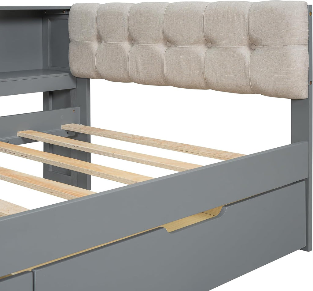 Bellemave Twin Size Corner Bed Frame with Storage Drawers and Desk,Captain Daybed with L-Shaped Bookcase,Corner Bed Frame Twin Size with Charging Station for Kids,Teens,Guests,Gray