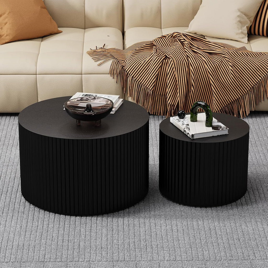 Round Nesting Coffee Table Modern Black Fluted Coffee Table Set of 2 Stripe Round Coffee Tables Circle Drum Coffee Tables Side Table Accent End Table for Living Room (Black Large)