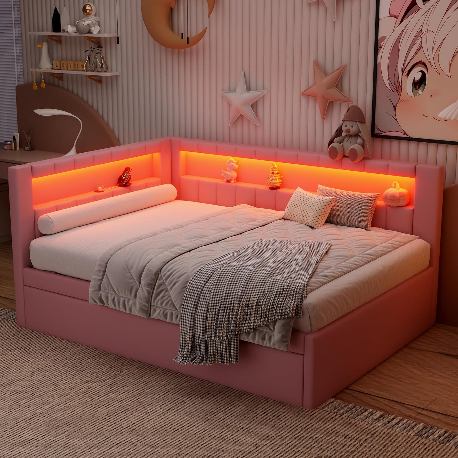 Full Size Upholstered Daybed with Trundle and LED, USB-Ports, L-Shaped Corner Unit Sofa Day Bed Frame with Storage Bookshelf, Girls, Kids, Adults, Boys, Pink