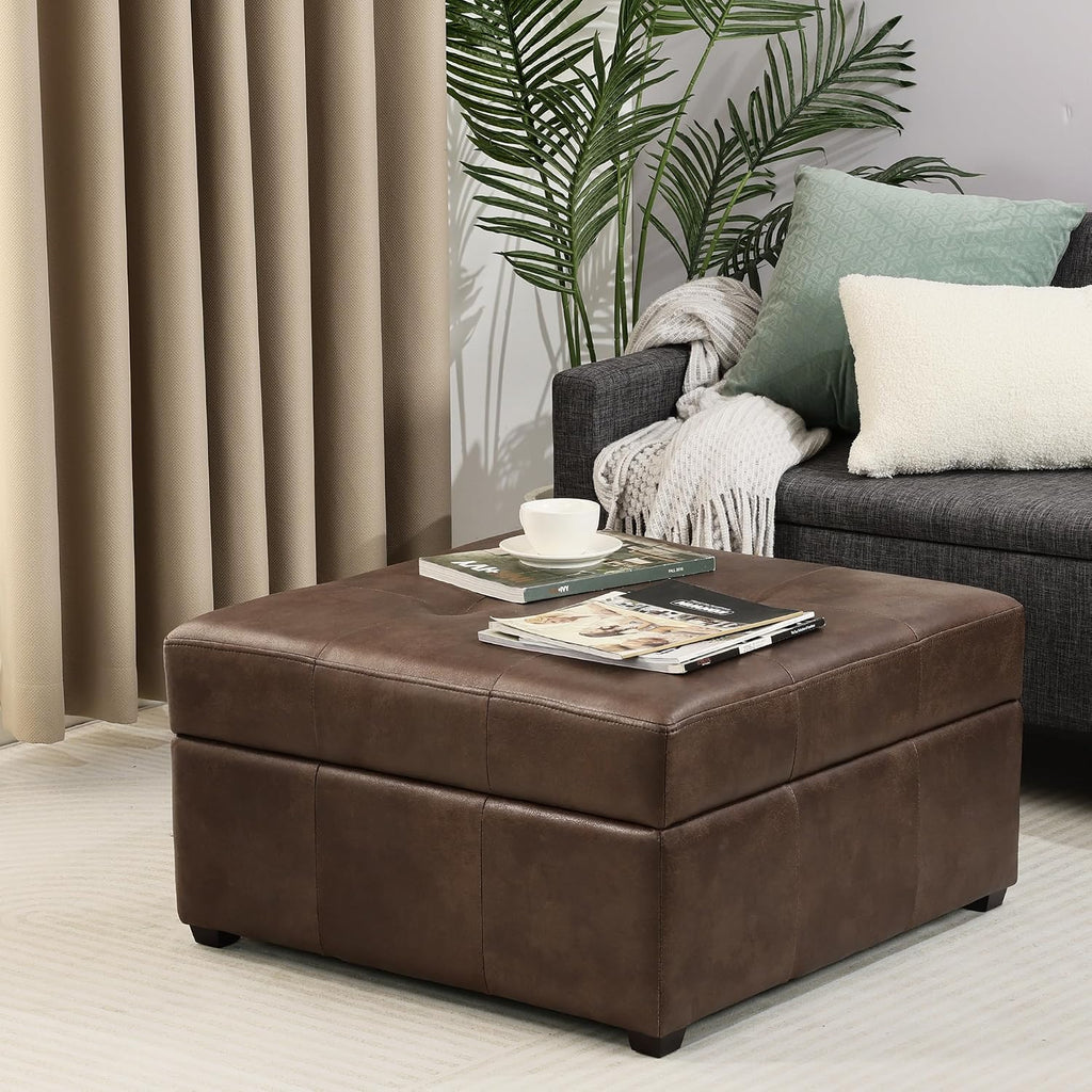 Homebeez 28.3' Storage Ottoman Bench with Faux Leather Upholstery, Button Tufted Lid, Wood Legs - Footrest, Coffee Table, Footstool for Living Room, Mottled Brown