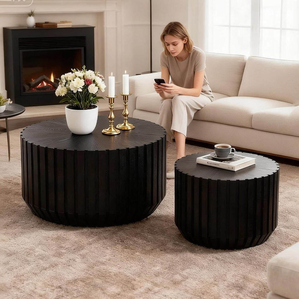 Black Round Nesting Tables for Living Room, Set of 2, Nesting Coffee Table Wooden Fluted Coffee Table, Modern Small Circle Center Tabel End Side Table for Farmhouse Apartment Office