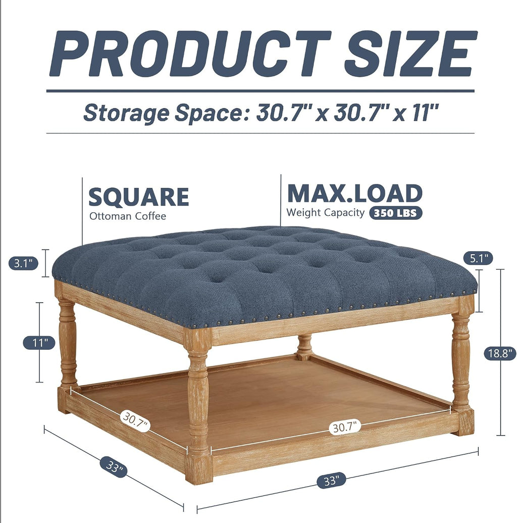 HUIMO 33-inch Large Square Ottoman Coffee Tables for Living Room, Tufted Upholstered Linen Ottoman with Storage Shelf and Solid Legs for Office Bedroom Farmhouse (Navy Blue)