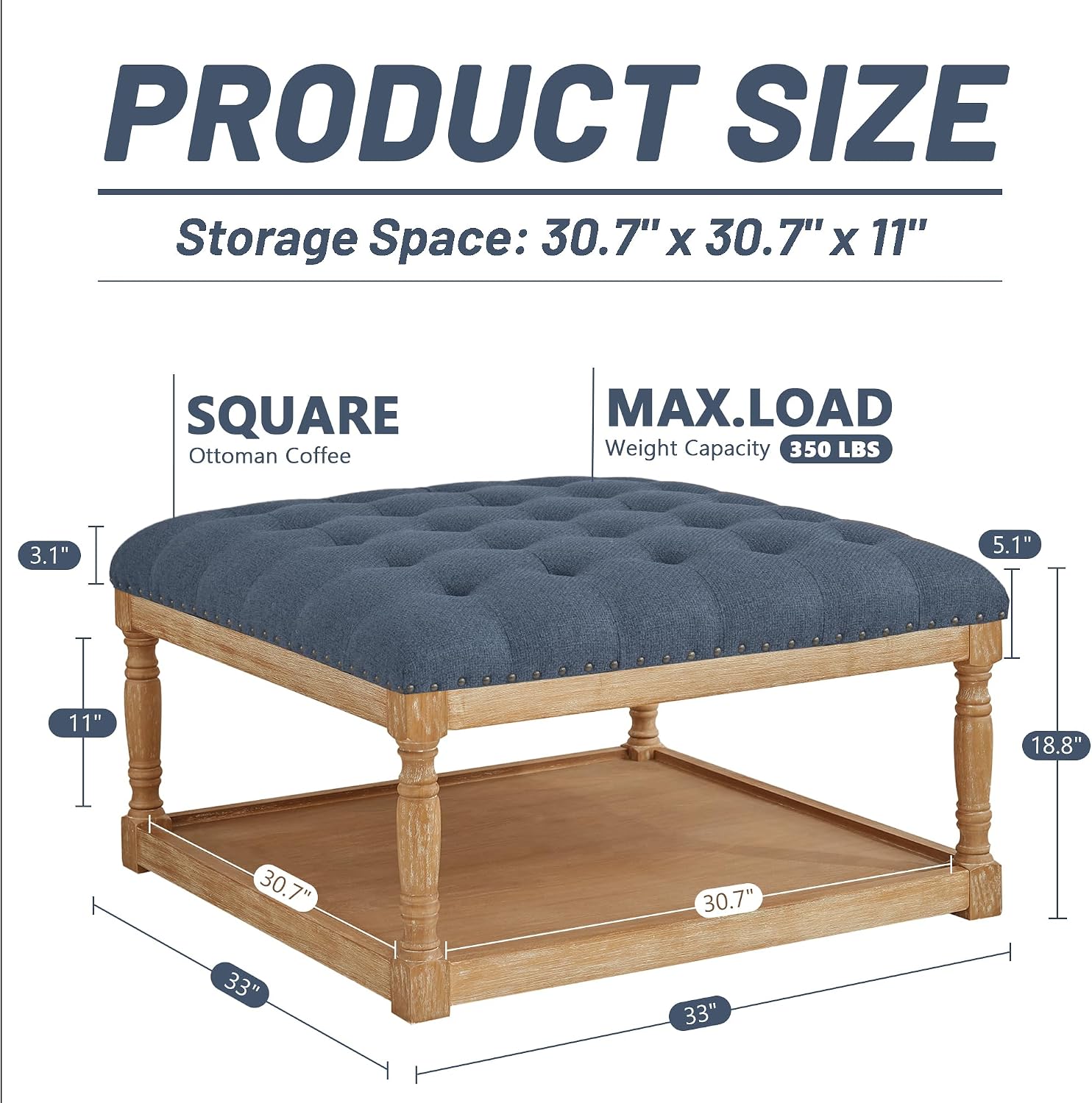 HUIMO 33-inch Large Square Ottoman Coffee Tables for Living Room, Tufted Upholstered Linen Ottoman with Storage Shelf and Solid Legs for Office Bedroom Farmhouse (Navy Blue)