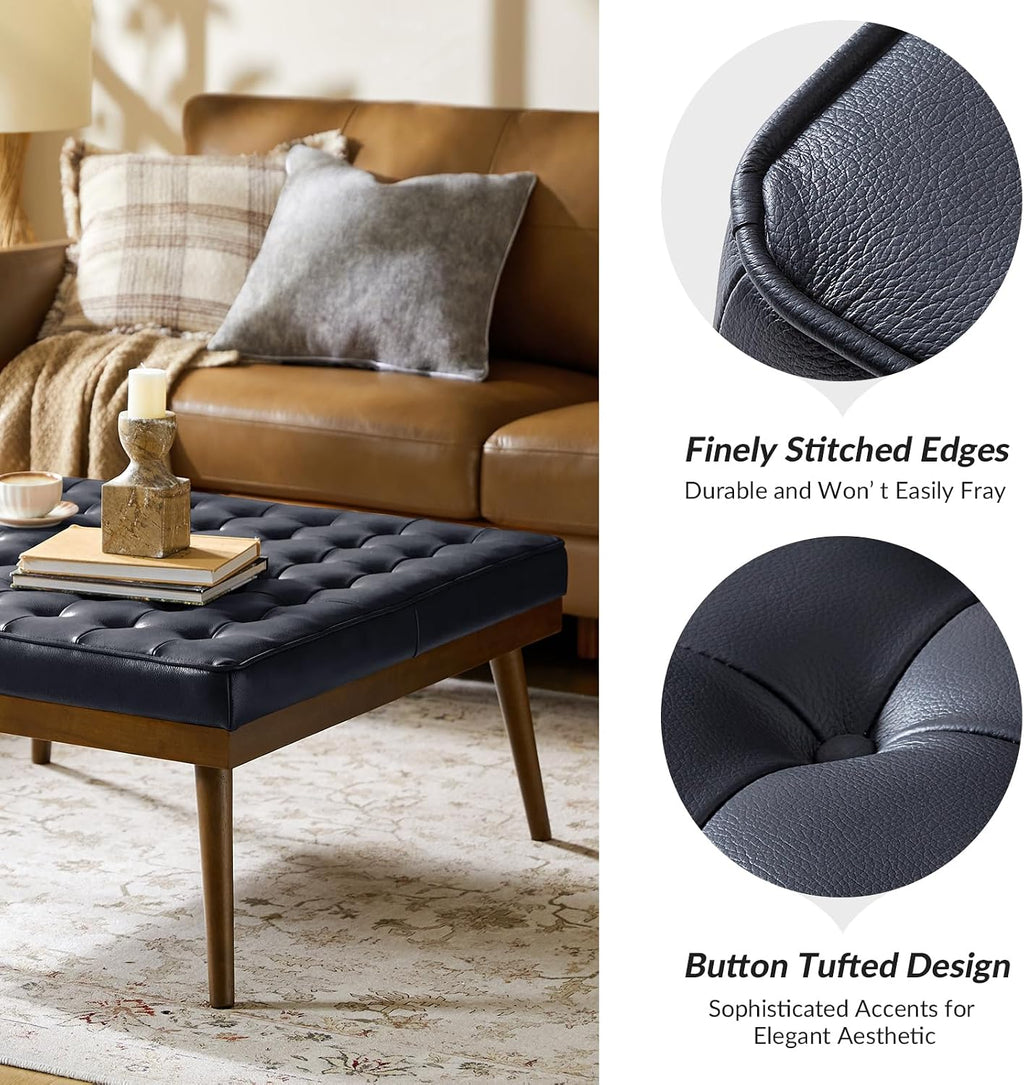 HULALA HOME Genuine Leather Square Coffee Table, Button Tufted Upholstered Ottoman Coffee Table with Solid Wooden Flared Legs, Mid-Century Modern Extra Seating for Living Room, Navy