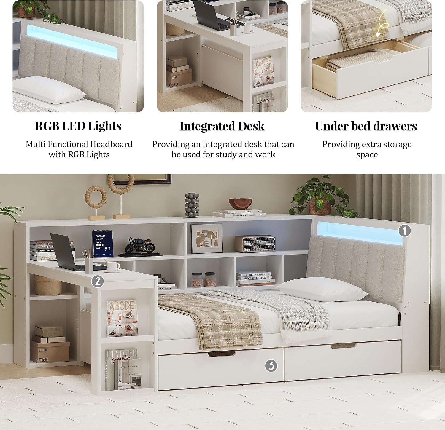 Multi-Functional Full Size Daybed with Storage Shelves and Study Desk, Wood Corner Bed Frame with Upholstered Headboard and 2 Drawers for Office Living Room Bedroom, Space-saving (White-G8, Full)