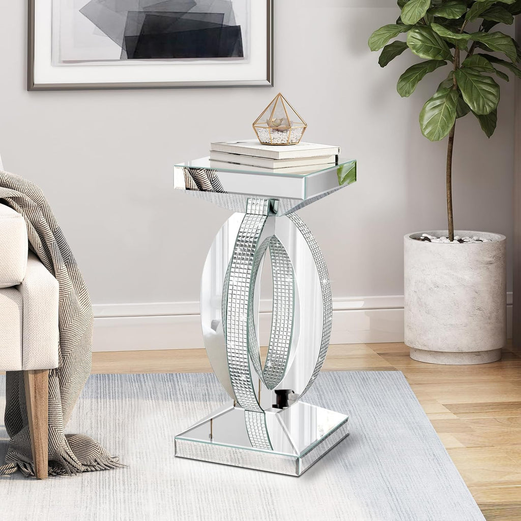 Silver Mirrored End Table with Crystal Inlay, Modern Side Accent Table, Small Mirrored Coffee Table for Living Room, Bedroom 12'x12'x24'