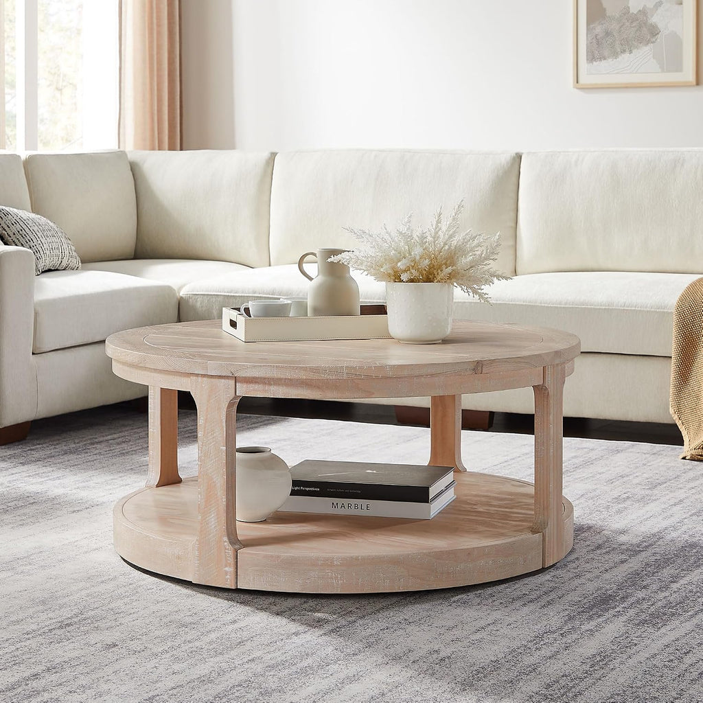 WILLIAMSPACE 40' Round Coffee Table with Wheels, Circle 2 Tier Solid Wood Center Coffee Table, Mid Century Retro Farmhouse Rounded End Table for Living Room Apartment, ø40 x 17.52' H (Oak)