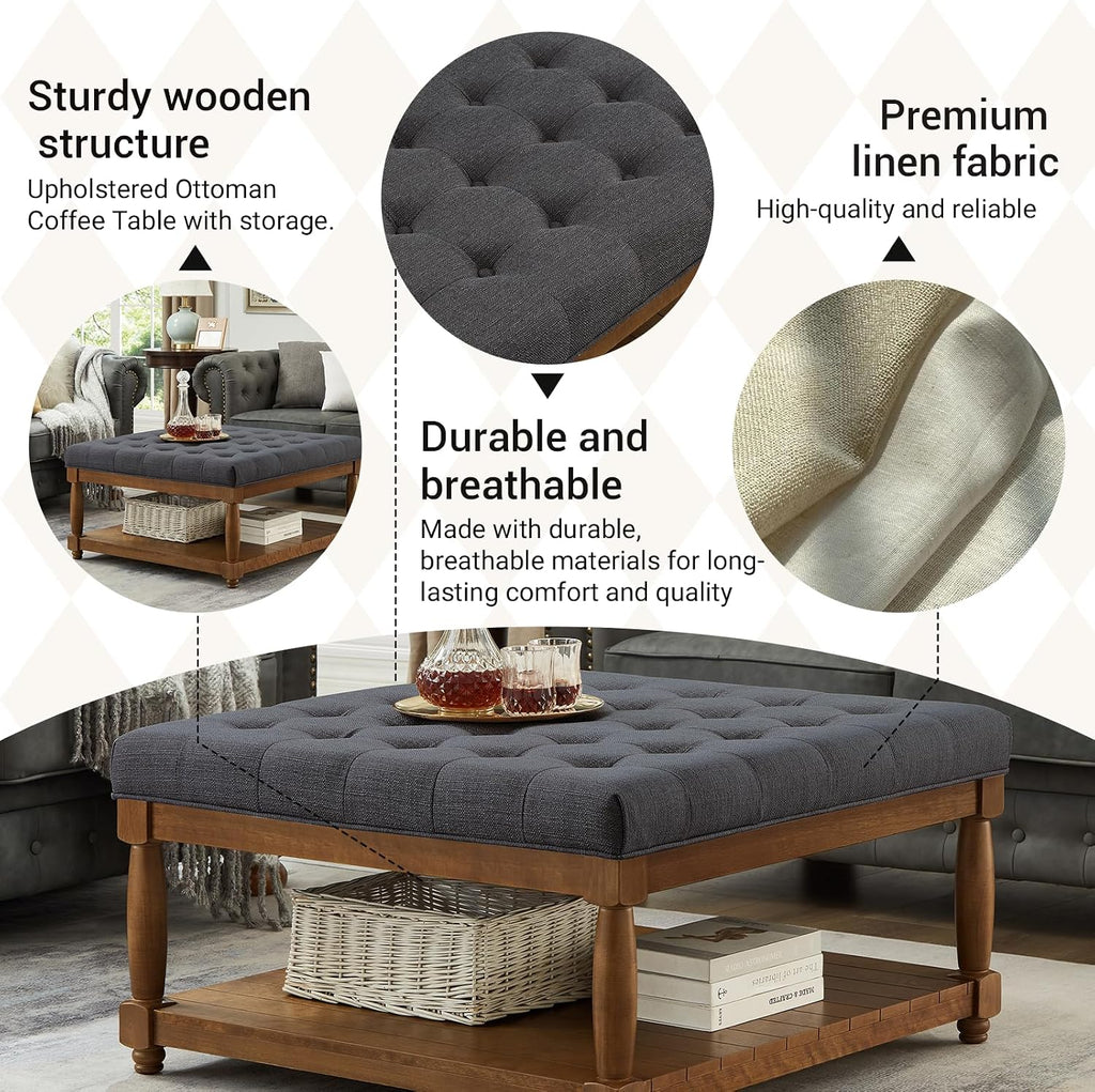 Ottoman Coffee Table, Upholstered Square Coffee Table with Storage Solid Wood Shelf, Linen Large Footrest Ottoman Pouf for Living Room, Charcoal