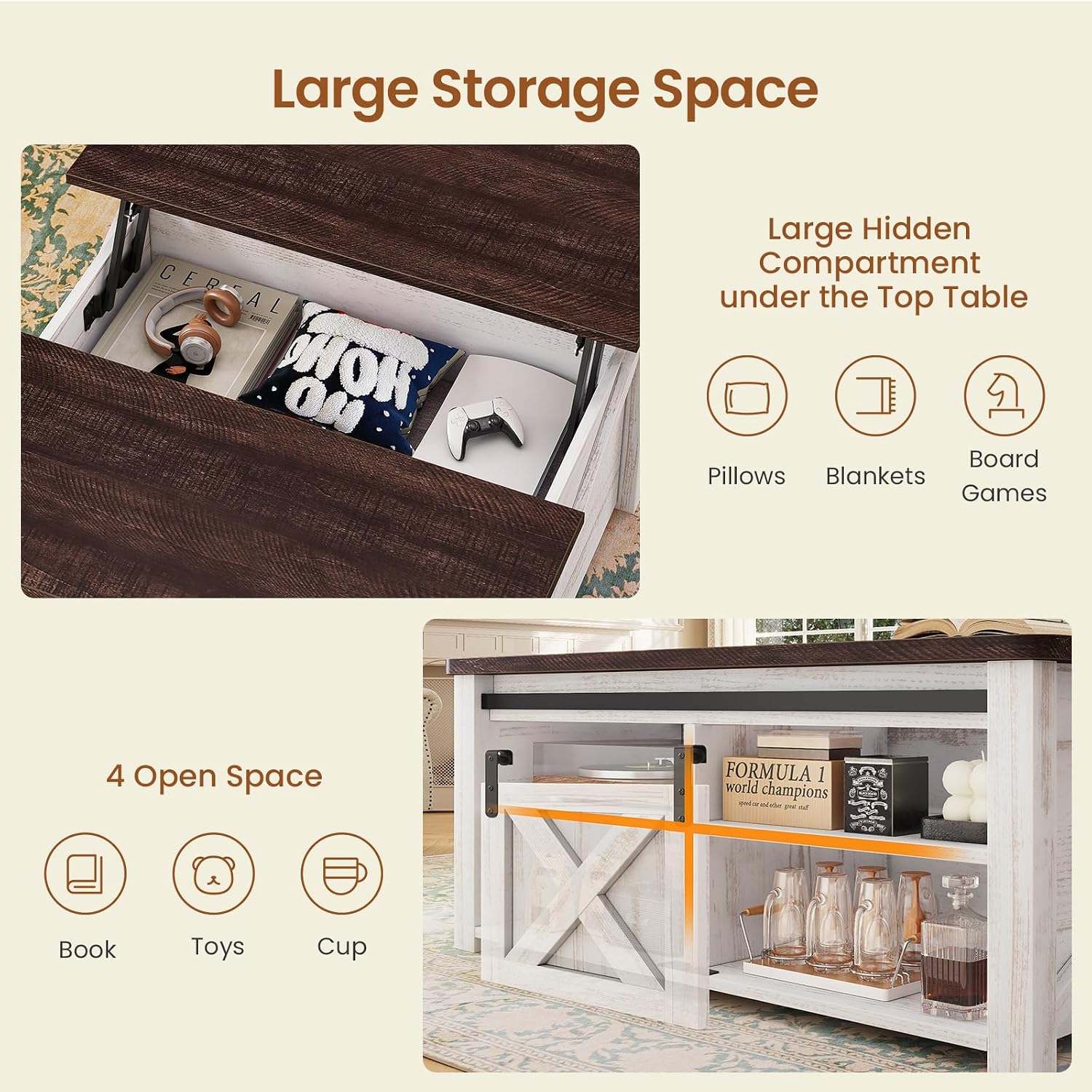 SEDETA 31.5' Lift Top Coffee Table with Storage, Square Coffee Tables for Living Room, Farmhouse Coffee Table with Large Hidden Storage Compartment and Adjustable Shelves, Vintage White