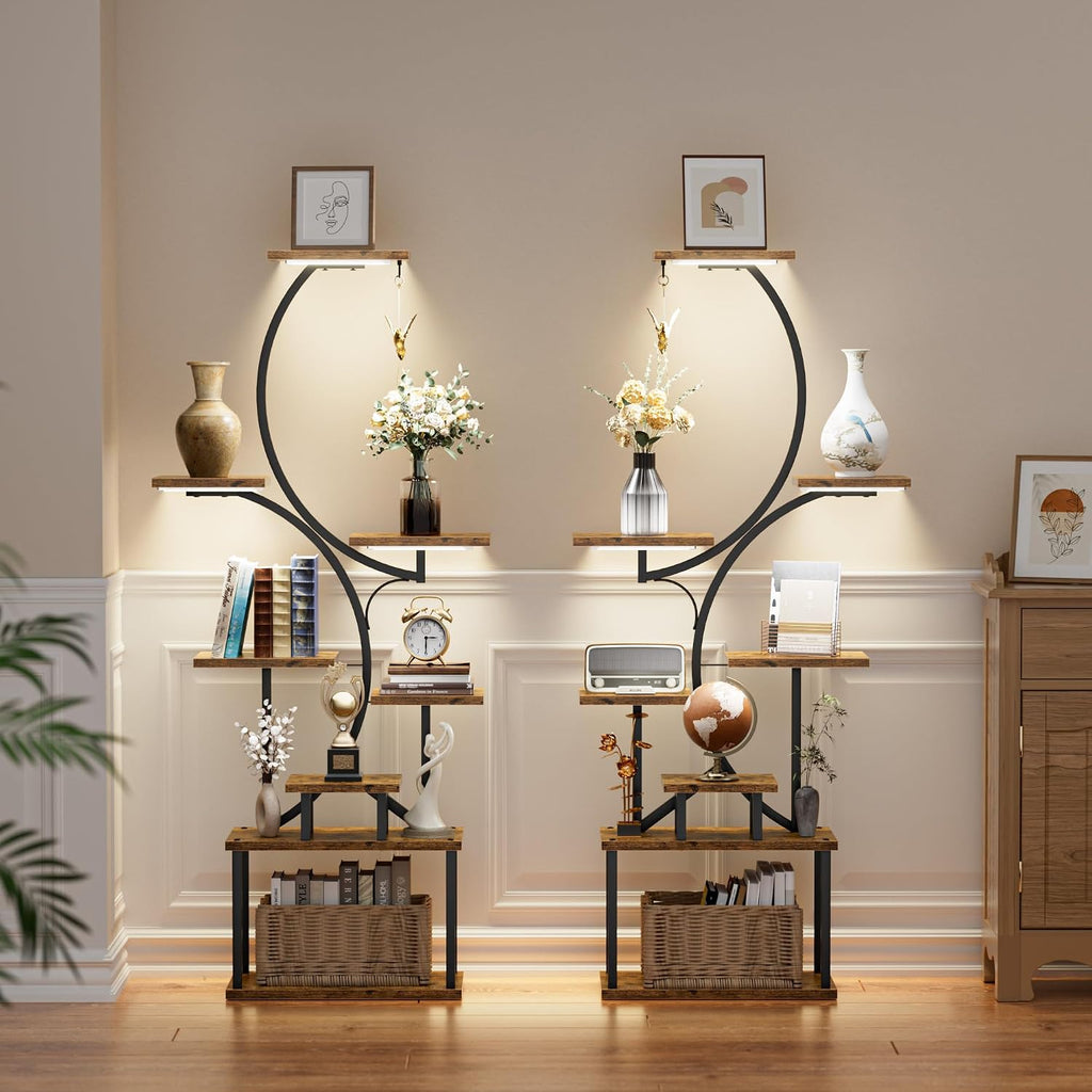 Bookshelf with Lights, 2 Pack Ladder Shelf, 62' Tall Corner Book Shelf, 8 Tier Arched Home Storage Bookcase, Unique Display Book Organizer for Collectibles, Modern Libreros for Livingroom Beedroom