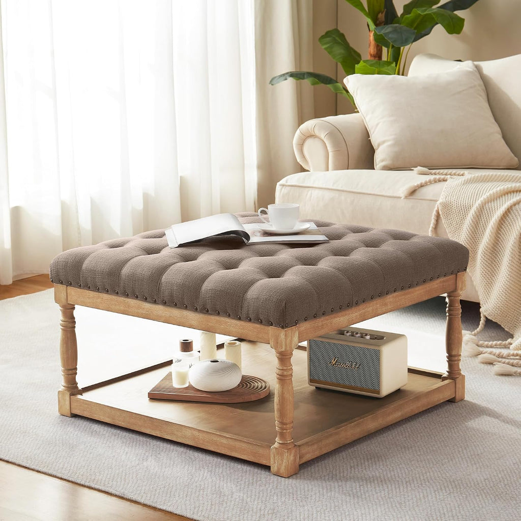 HUIMO 33-inch Large Square Ottoman Coffee Tables for Living Room, Tufted Upholstered Linen Ottoman with Storage Shelf and Solid Legs for Office Bedroom Farmhouse (Brown)