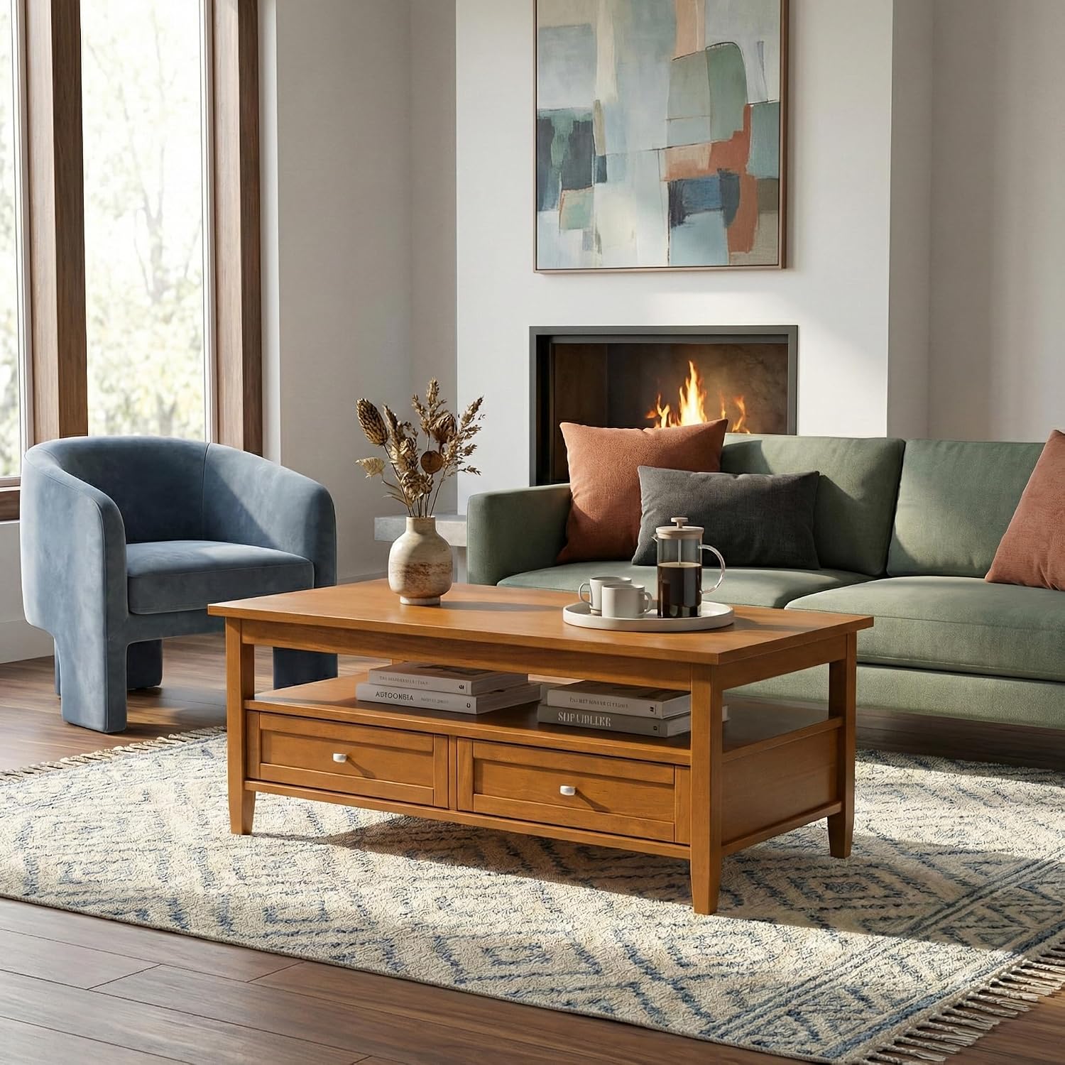 SIMPLIHOME Warm Shaker Coffee Table - 48 inch Wide Solid Wood Coffee Table in Light Golden Brown, Transitional Living Room Table with 2 Drawers, Open Shelf, Shaker Fronts and Tapered Legs