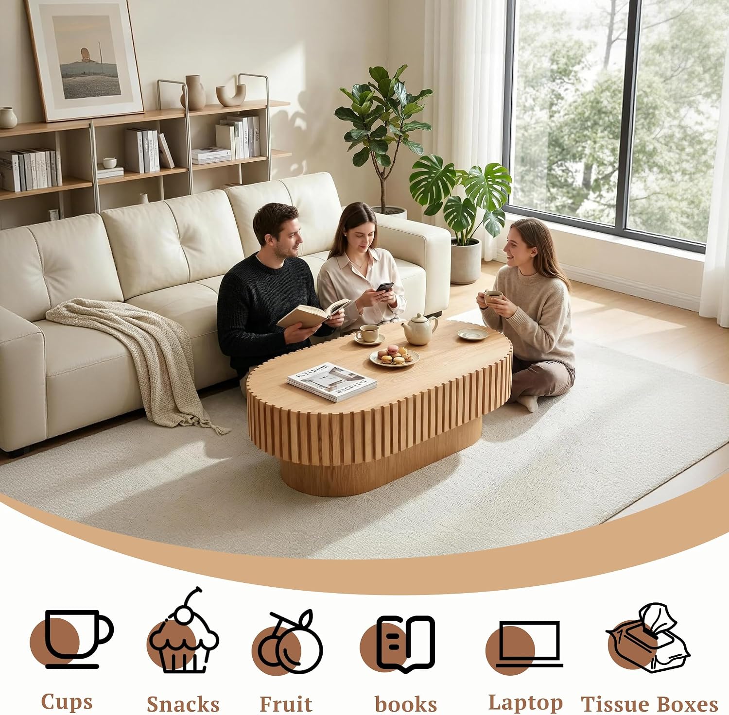 Oval Coffee Table for Living Room Fluted Coffee Table with Pedestal Modern Handcrafted Wood Center Table Tea Table Home Furniture Office Apartment Easy Assembly 43.7' Natural Wood