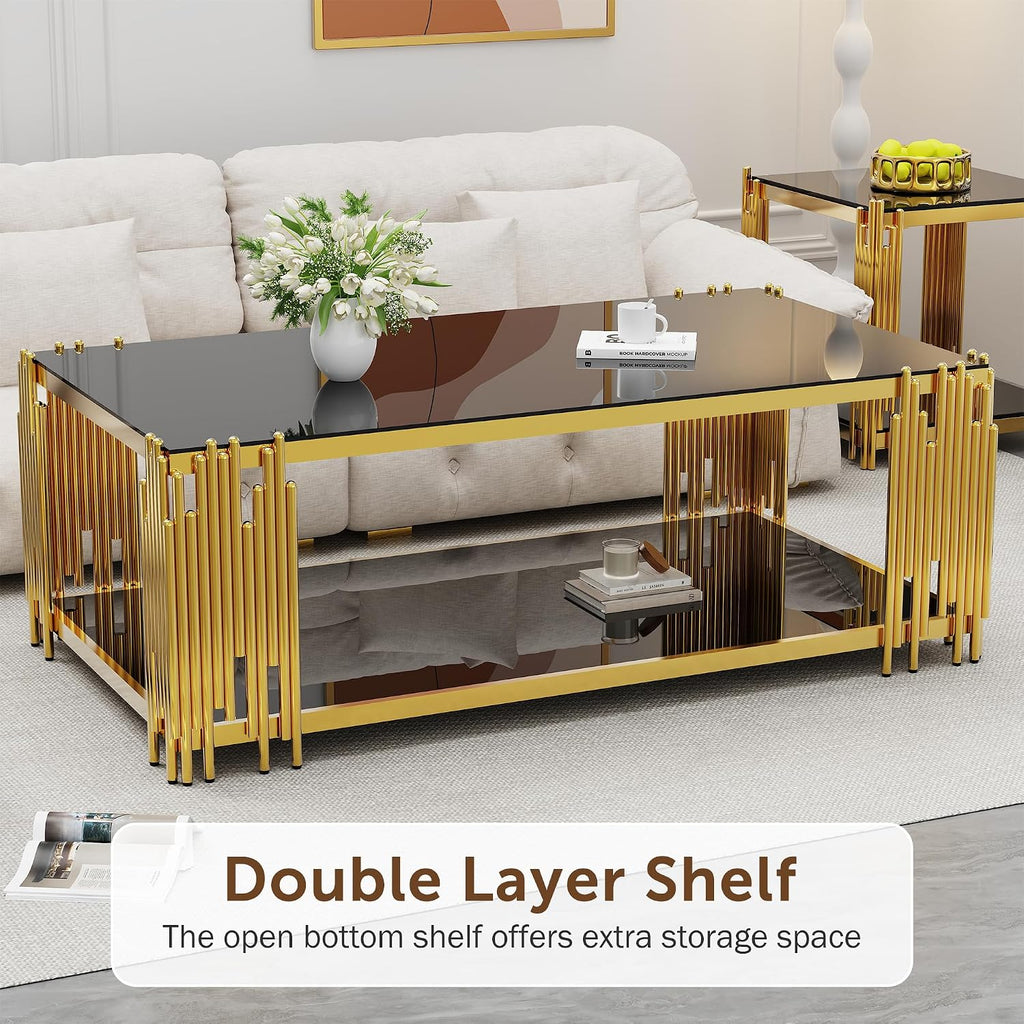 51' Black Glass Coffee Table Set of 3, Modern Luxury Gold End Table for Living Room Rectangle Tempered Glass Top Stainless Steel Leg, 20' Square Side Tables, Extra Large Size