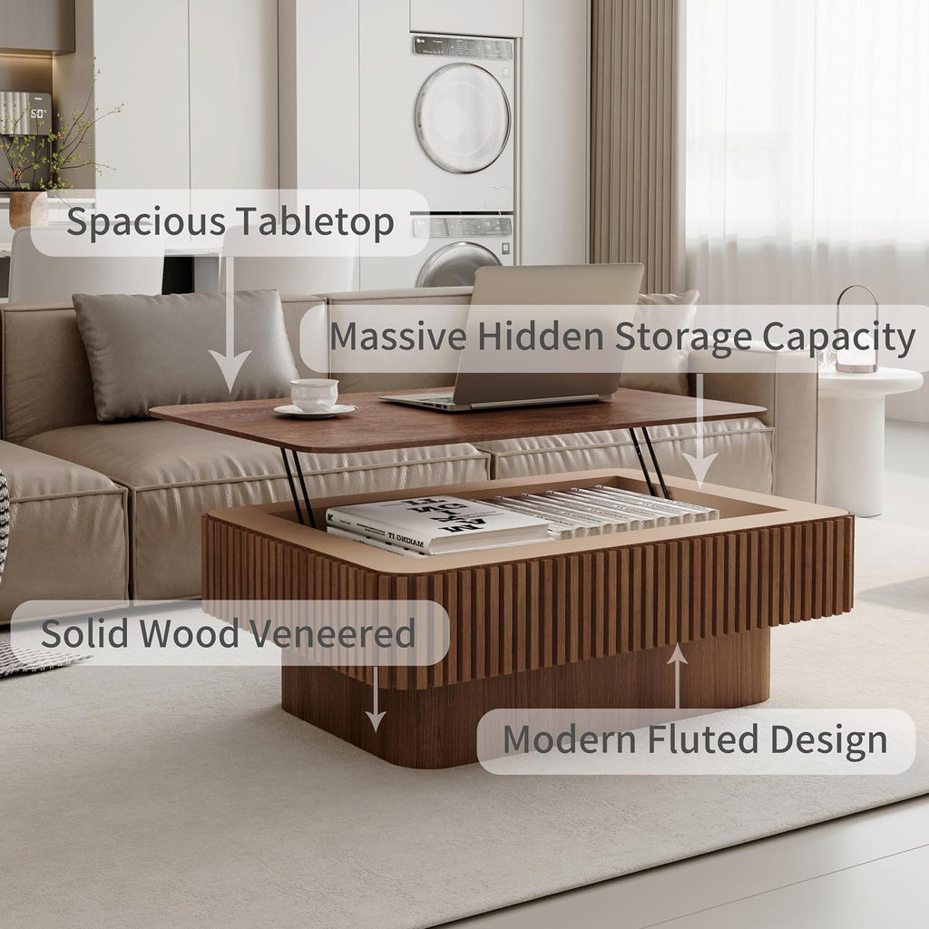 Lift Top Coffee Table with Storage for Living Room Mid Century Modern Coffee Table with Lifting Top Wood Fluted Coffee Tables with Lifts Up Tabletop for Home Apartment Office 38.6',Walnut Rectangle