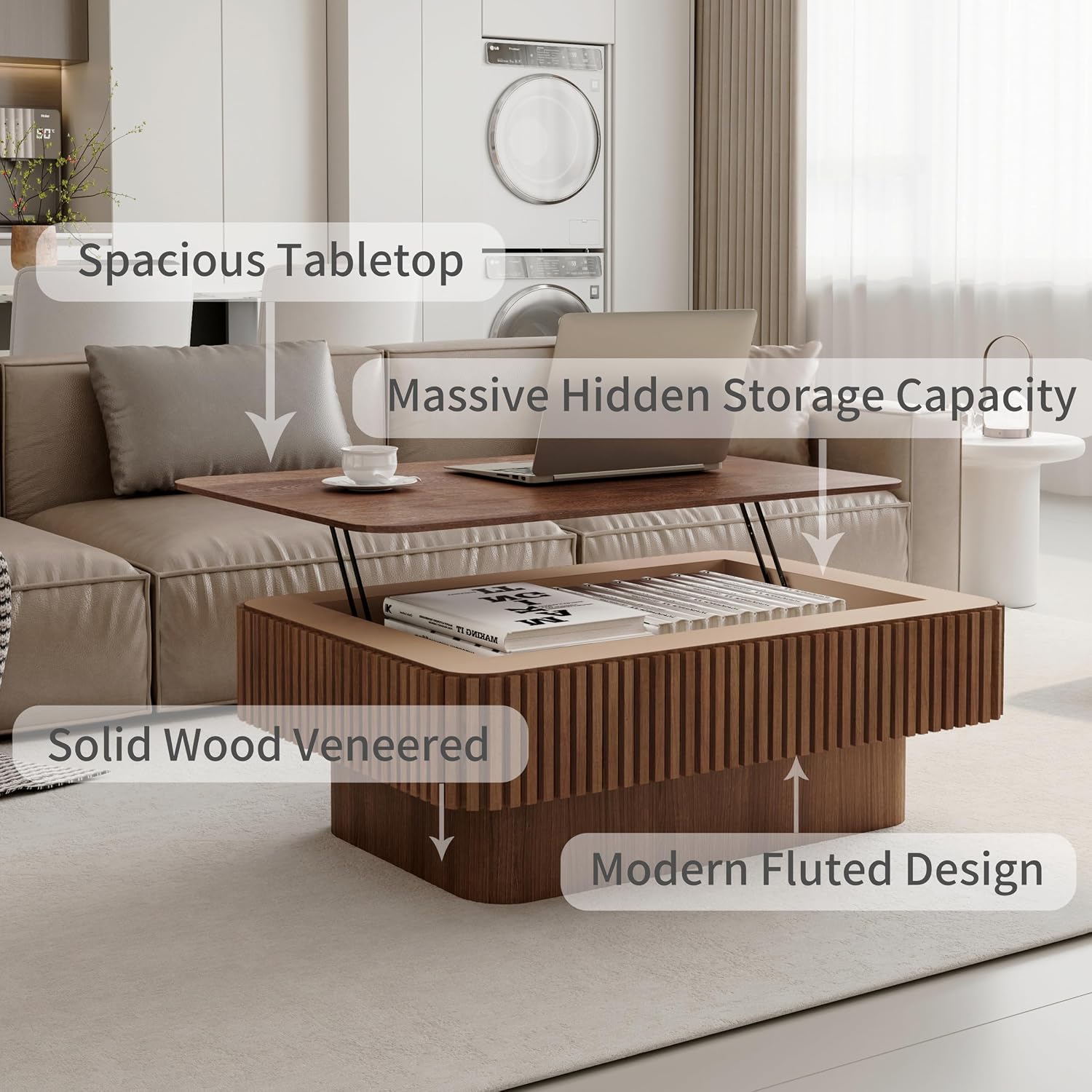 38.6'' Lift-top Coffee Table Solid Wood Veneered Center Table Rectangular Fluted Table with Storage and Adjustable Height for Living Room Apartment Office, Walnut
