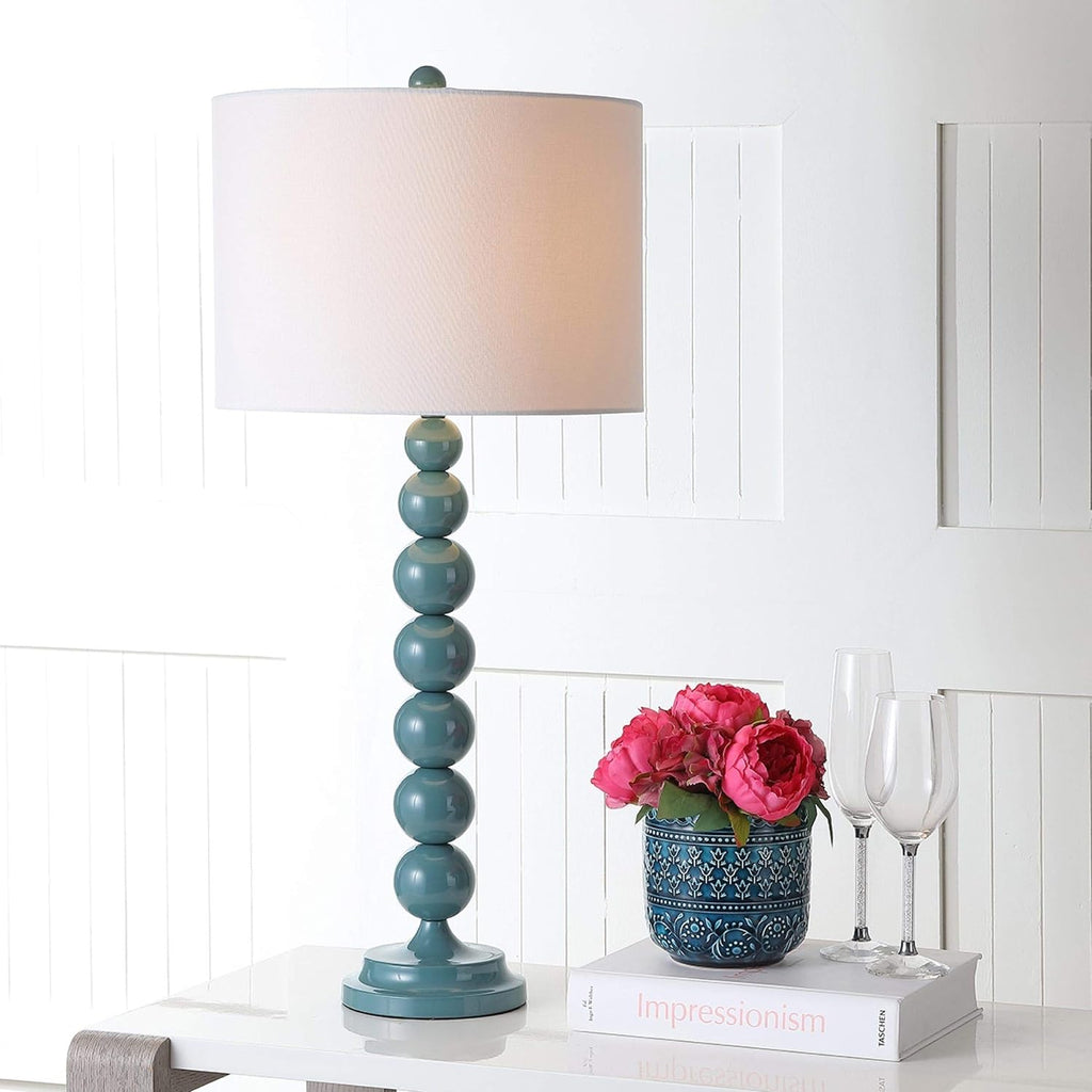 SAFAVIEH Lighting Collection – Jenna Set of 2 Marine Blue Stacked Ball Table Lamps with White Drum Shades, 32-Inch Modern Bedroom or Living Room Lamps, LED Bulbs Included (LIT4090C-SET2)
