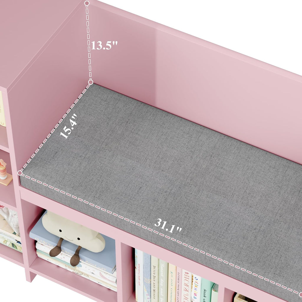 HOSTACK 67' W Kids Reading Nook with Toy Storage Organizer, Large Kids Bookshelf with Toy Storage Box on Wheels, Big Kid Bookcase with Bench and 6 Open Cubbies for Playroom, Kid Room, Pink