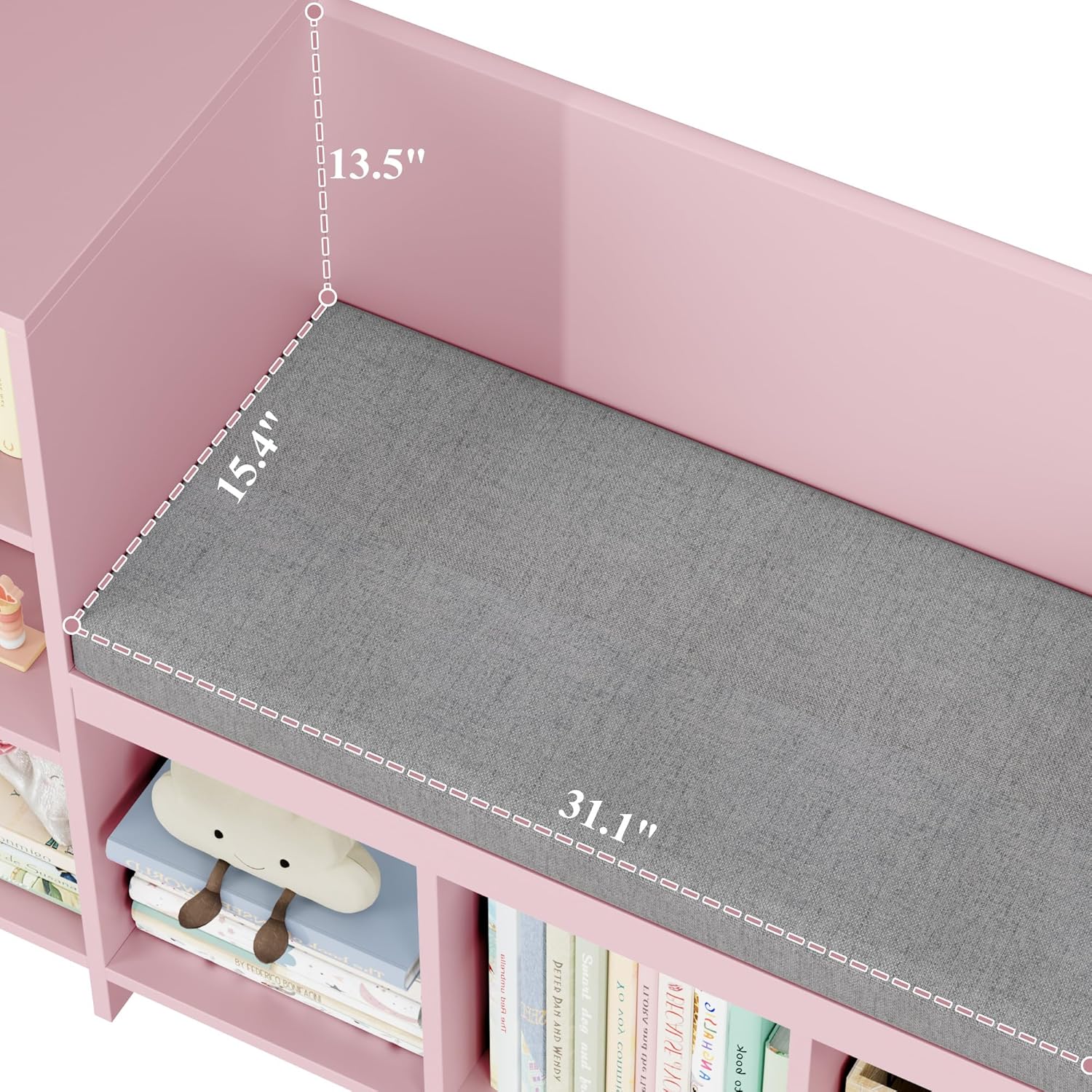 HOSTACK 67' W Kids Reading Nook with Toy Storage Organizer, Large Kids Bookshelf with Toy Storage Box on Wheels, Big Kid Bookcase with Bench and 6 Open Cubbies for Playroom, Kid Room, Pink