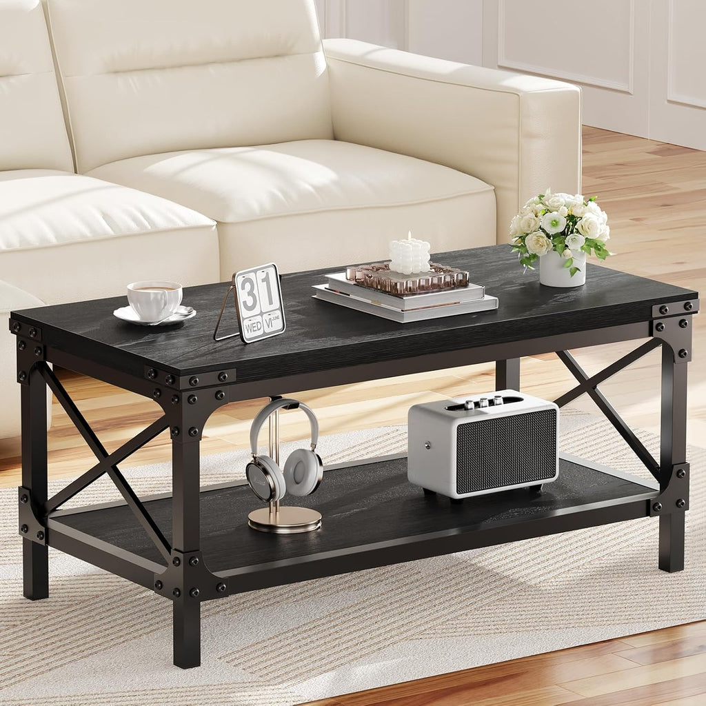 Rectangle Coffee Tables for Living Room, Wood Rectangular Coffee Table, 2 Tier Industrial Modern Center Table with Thickened Tabletop and Metal Frame, 40 inch Long (Black)